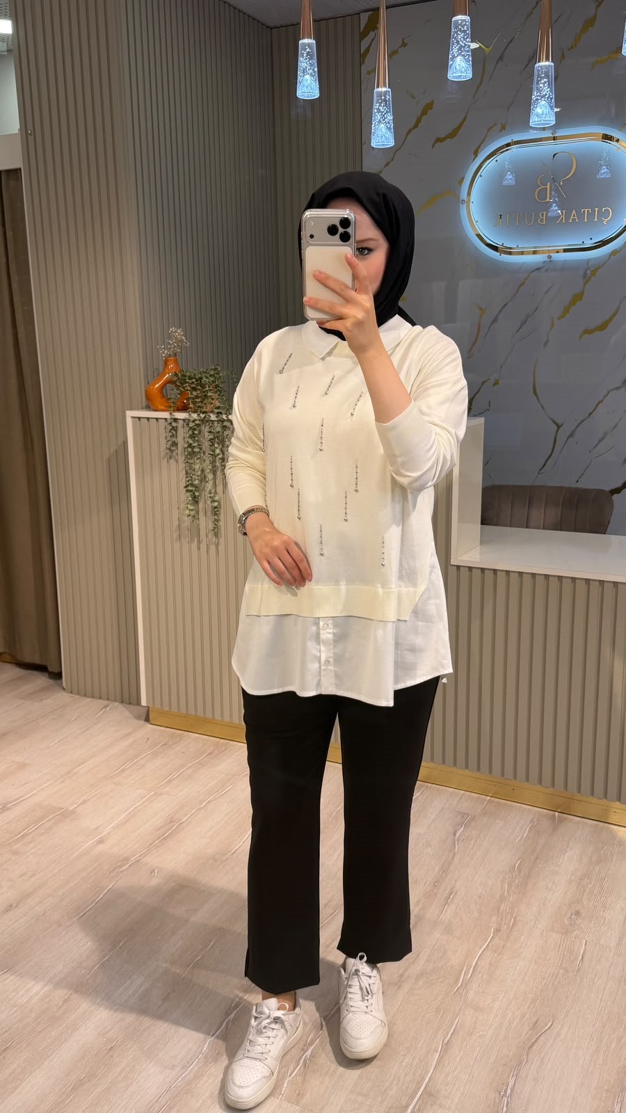 TIĞ TRİKO 21404 BONCUK İŞLEMELİ GÖMLEK DETAYLI TUNIK-EKRU