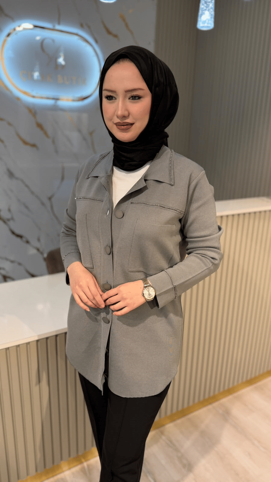 TIĞ TRİKO 21562 CEP DETAYLI RAYON  CEKET- GRİ