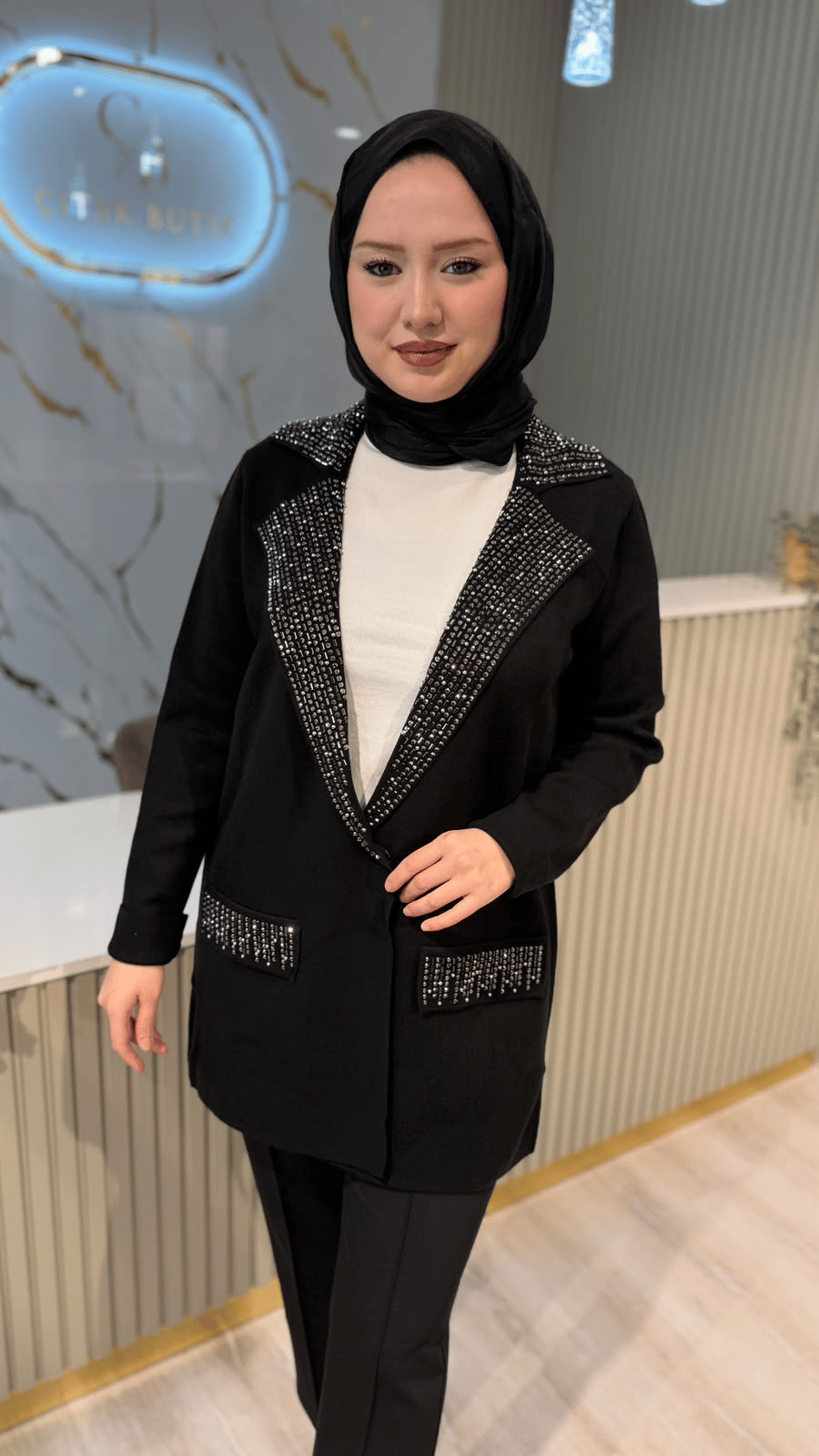 TIĞ TRİKO 21713 TAŞ BASKICI CEKET - SİYAH