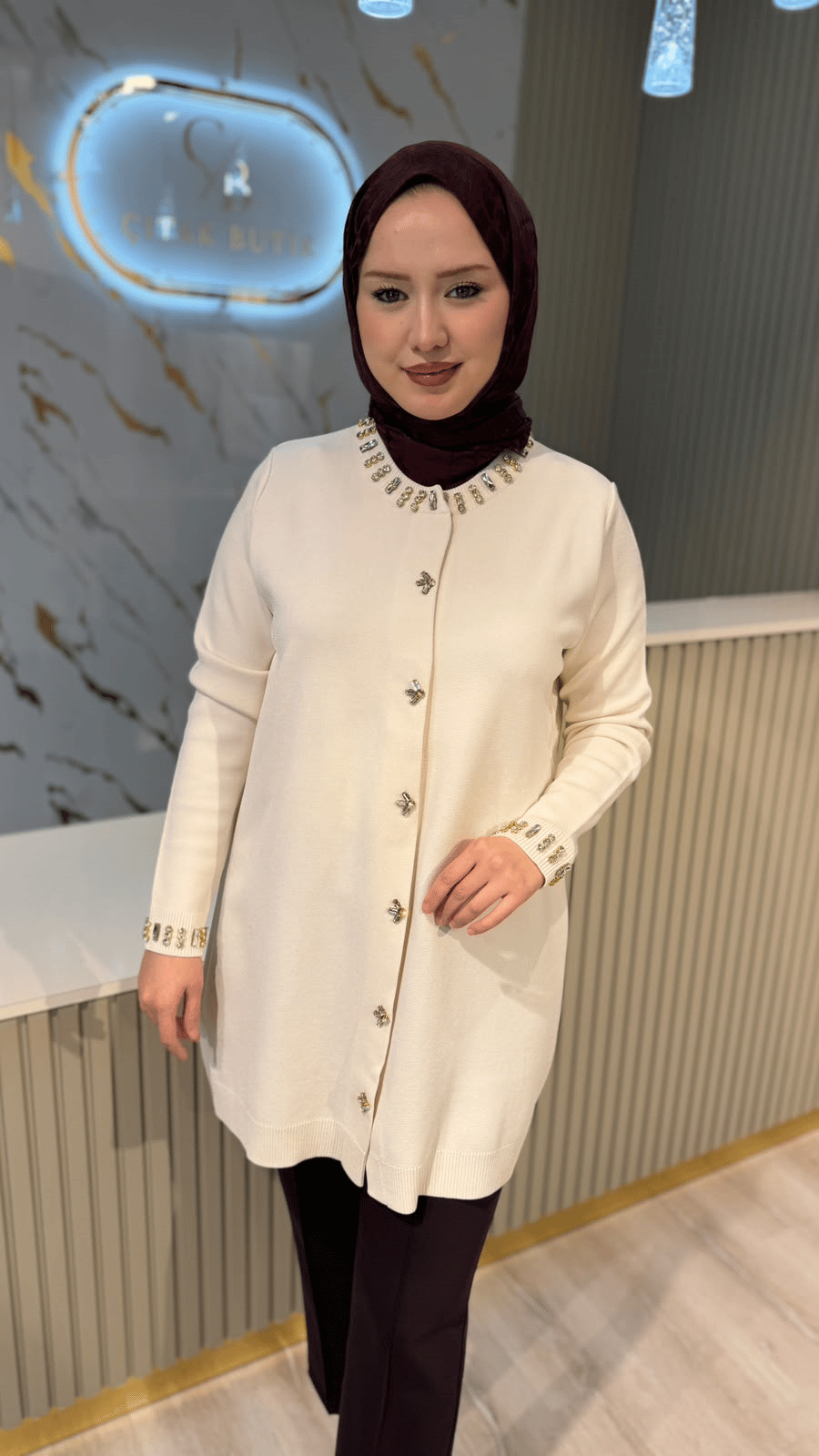 TIĞ TRİKO 21716 YAKASI TAŞLI RAYON CEKET- EKRU