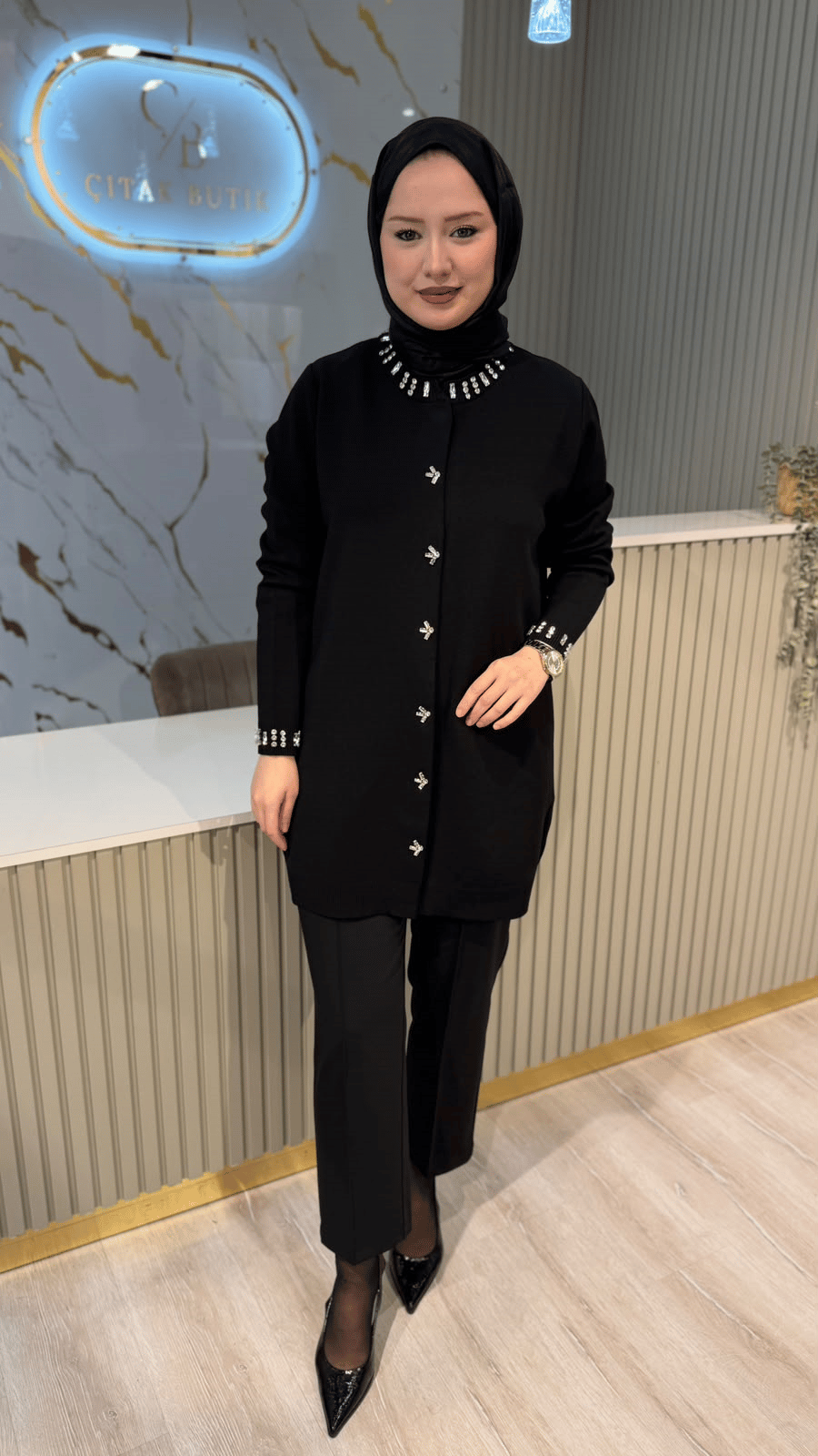 TIĞ TRİKO 21716 YAKASI TAŞLI RAYON CEKET- SİYAH