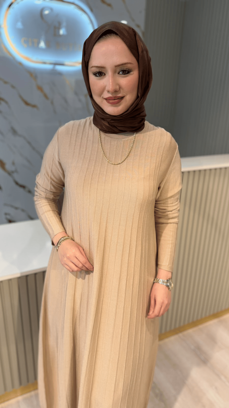 TIĞ TRİKO 21856 NERVÜR DETAYLI RAYON ELBİSE - VİZON