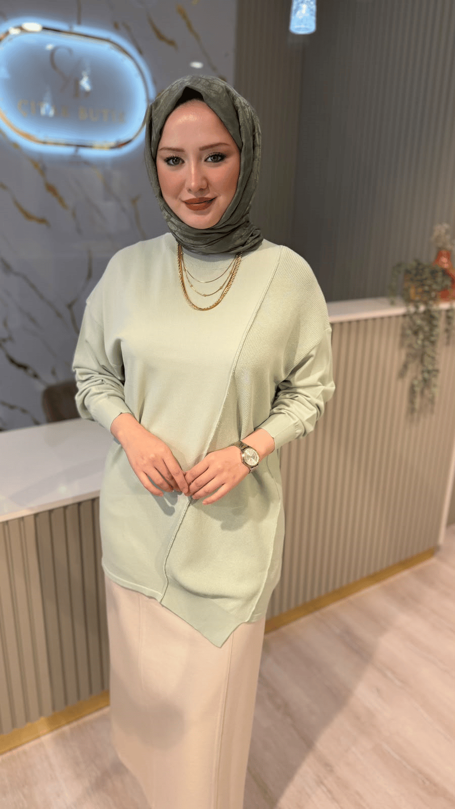 TIĞ TRİKO 21872 ÖRGÜ DETAYLI RAYON TUNIK- MİNT YEŞİLİ