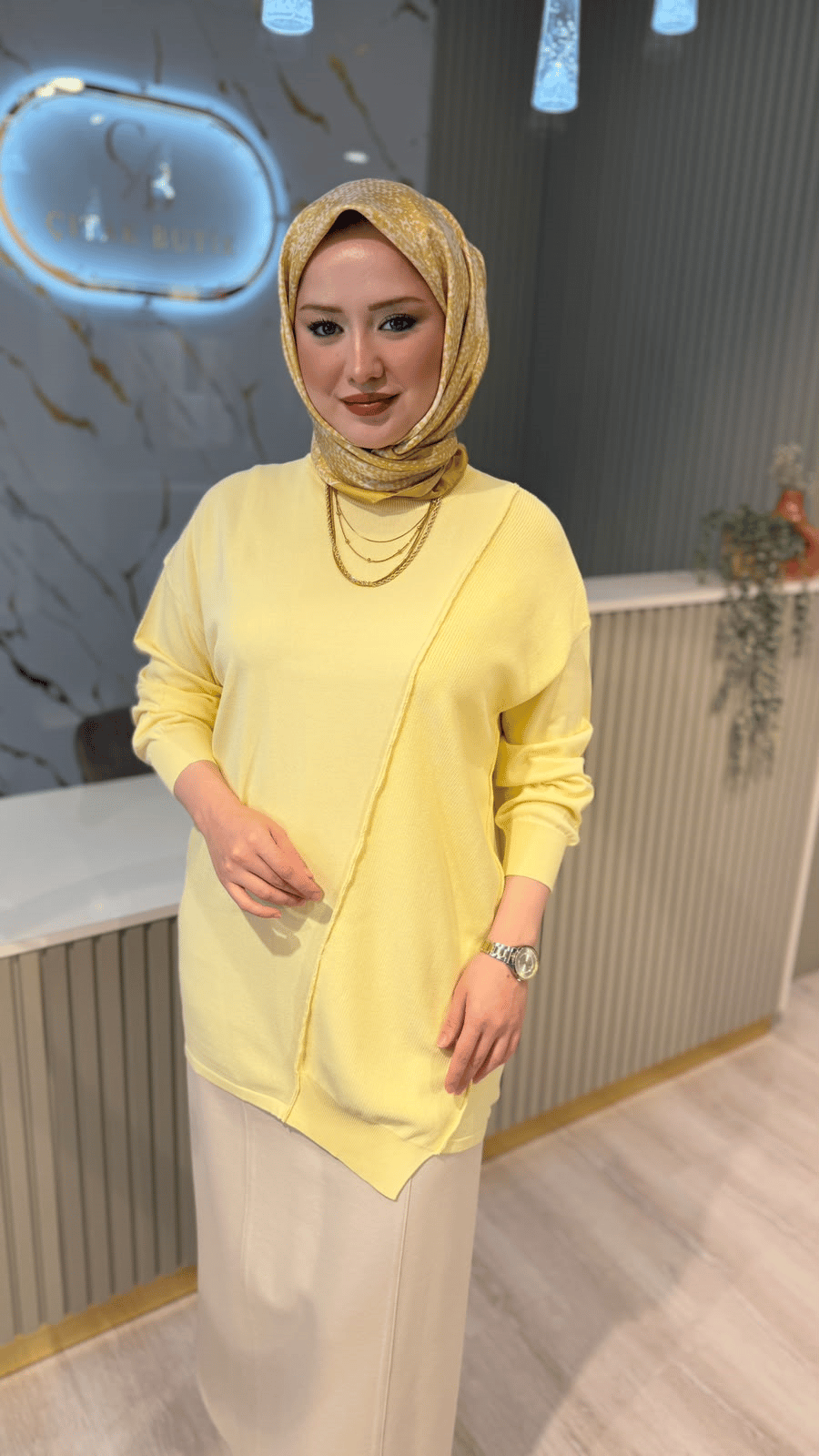 TIĞ TRİKO 21872 ÖRGÜ DETAYLI RAYON TUNIK- SARI