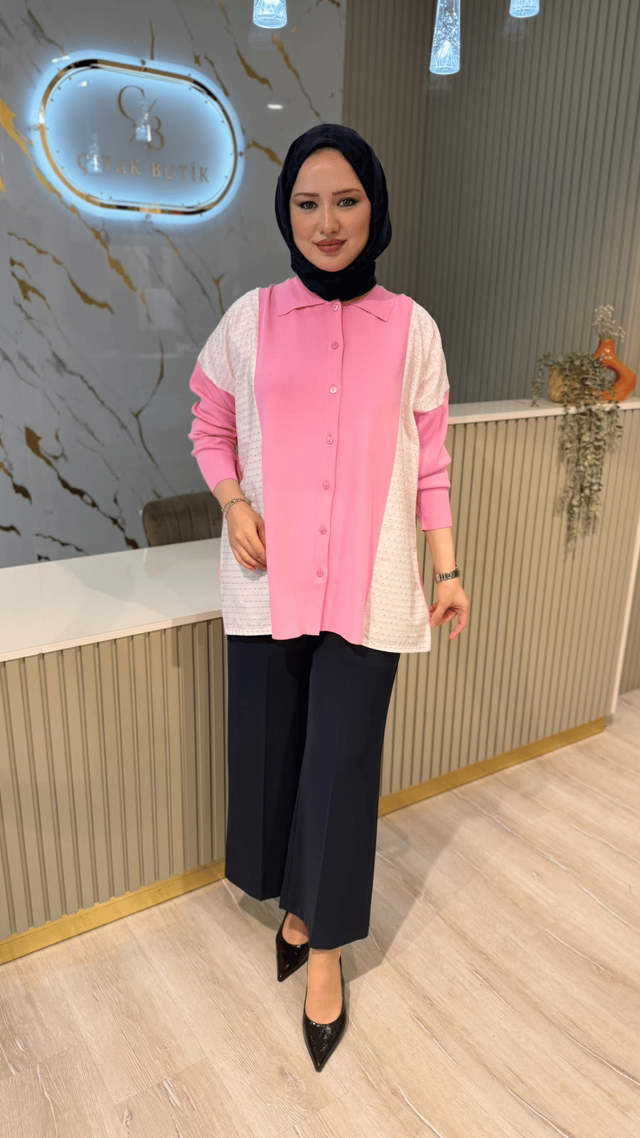 TIĞ TRİKO 22148 ÇİZGİ DESEN TAŞLI DÜĞMELİ RAYON TUNIK- KOYU PEMBE