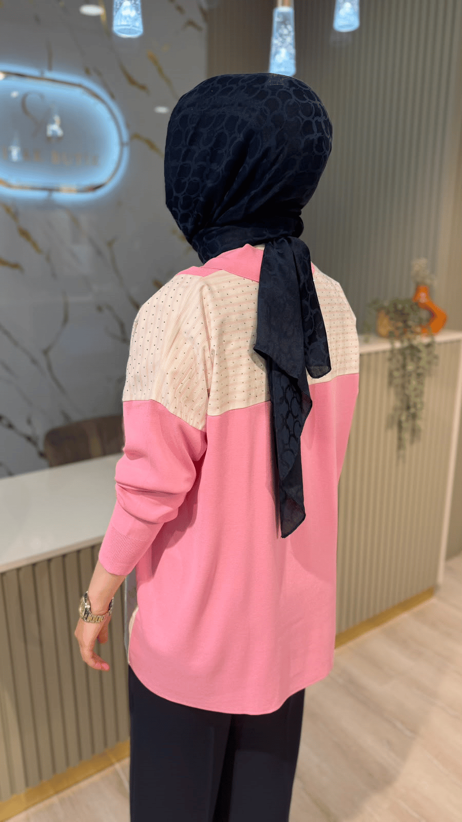 TIĞ TRİKO 22148 ÇİZGİ DESEN TAŞLI DÜĞMELİ RAYON TUNIK- KOYU PEMBE