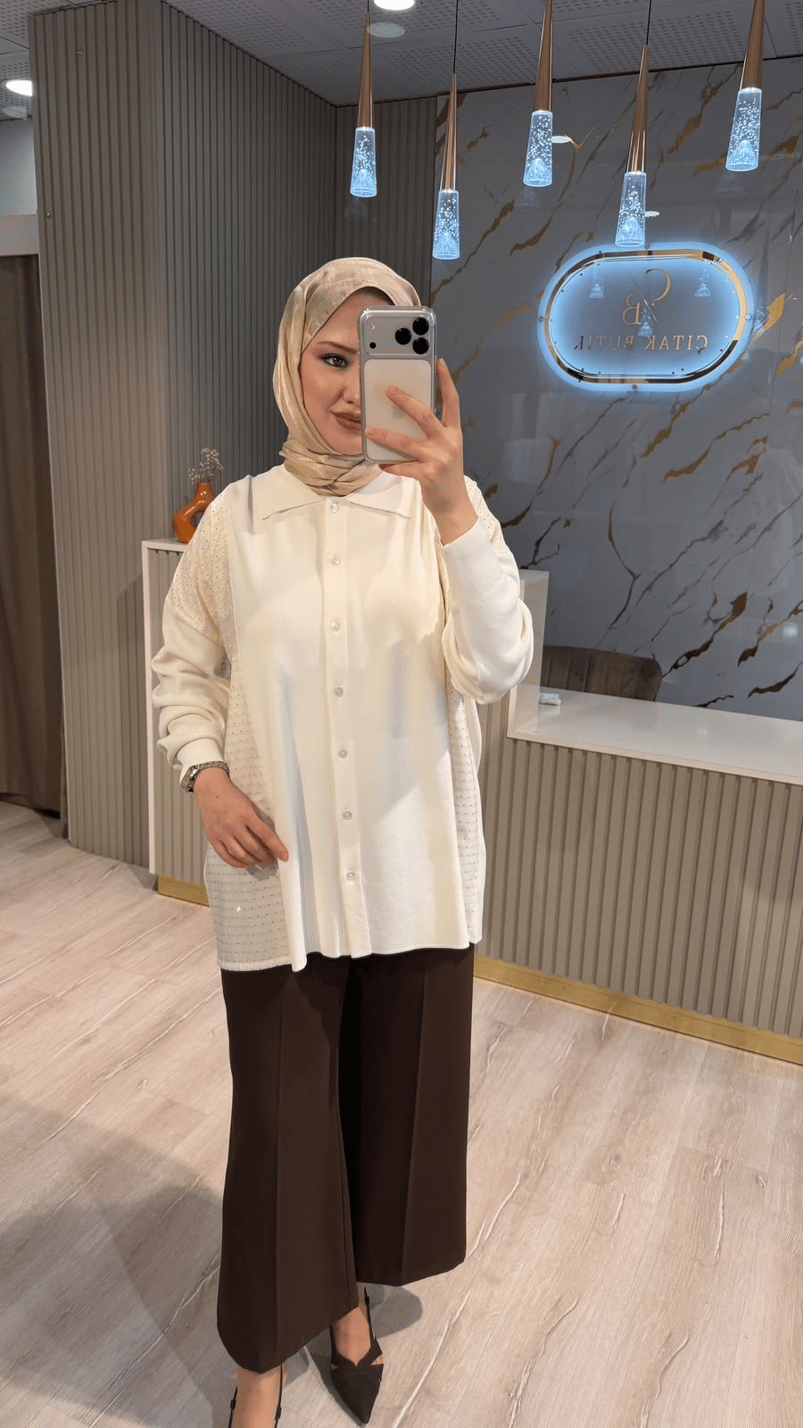 TIĞ TRİKO 22148 ÇİZGİ DESEN TAŞLI DÜĞMELİ RAYON TUNIK- EKRU