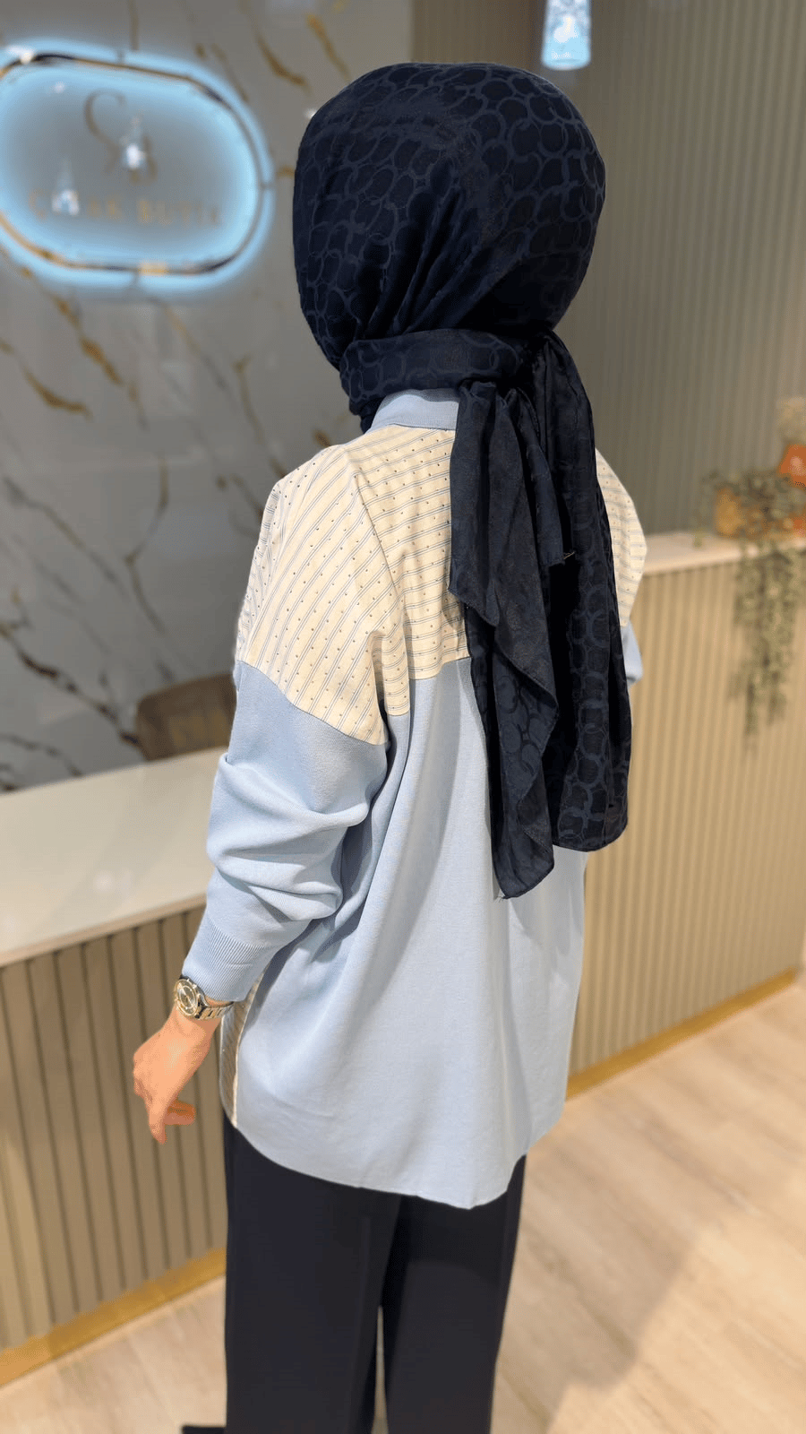 TIĞ TRİKO 22148 ÇİZGİ DESEN TAŞLI DÜĞMELİ RAYON TUNIK- MAVİ