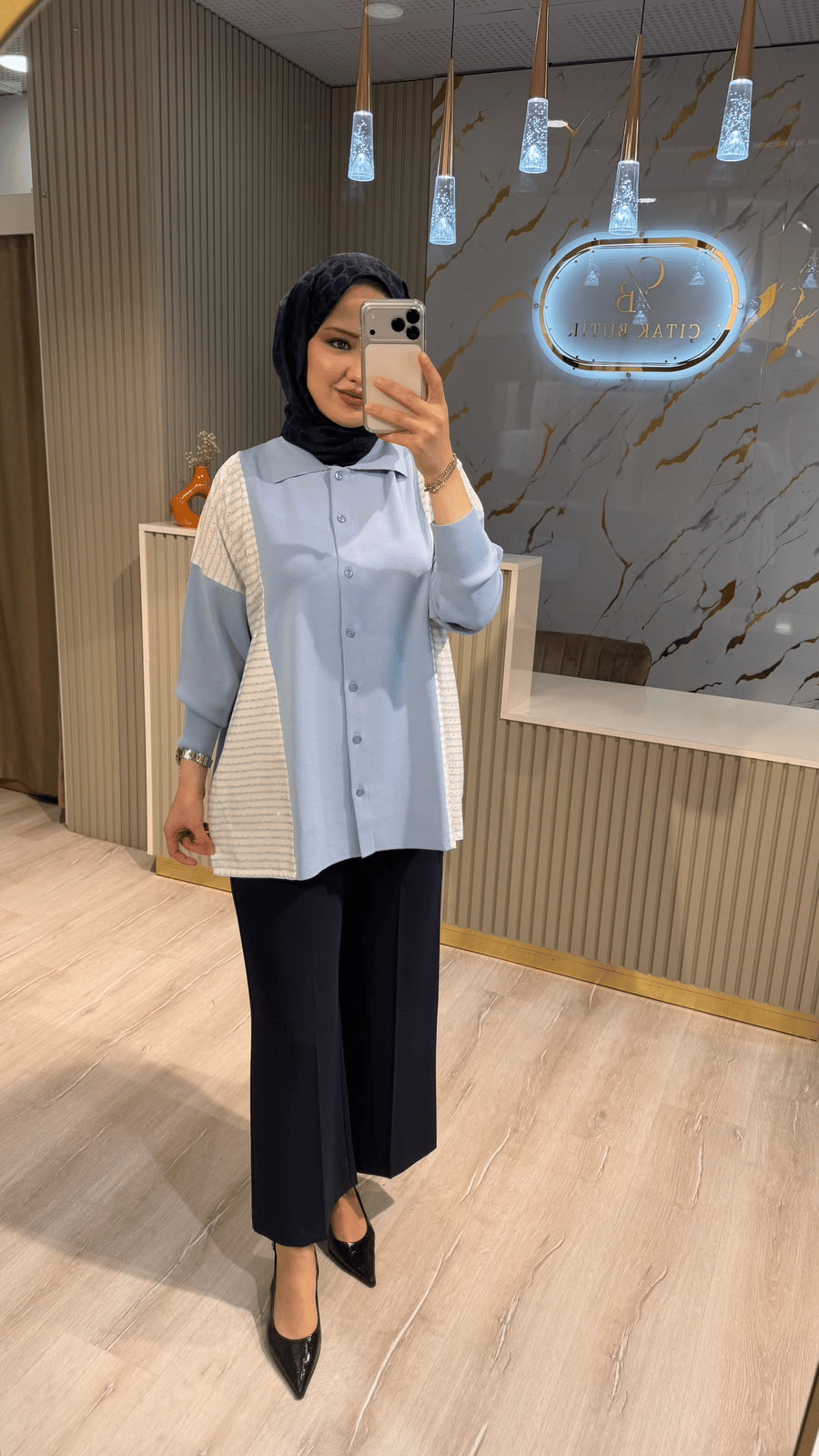 TIĞ TRİKO 22148 ÇİZGİ DESEN TAŞLI DÜĞMELİ RAYON TUNIK- MAVİ