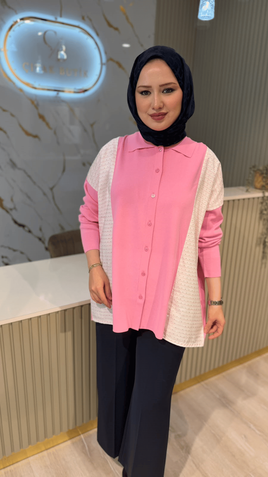 TIĞ TRİKO 22148 ÇİZGİ DESEN TAŞLI DÜĞMELİ RAYON TUNIK- KOYU PEMBE