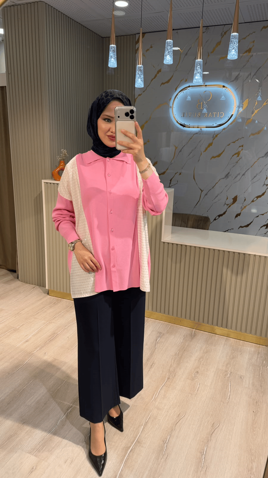 TIĞ TRİKO 22148 ÇİZGİ DESEN TAŞLI DÜĞMELİ RAYON TUNIK- KOYU PEMBE