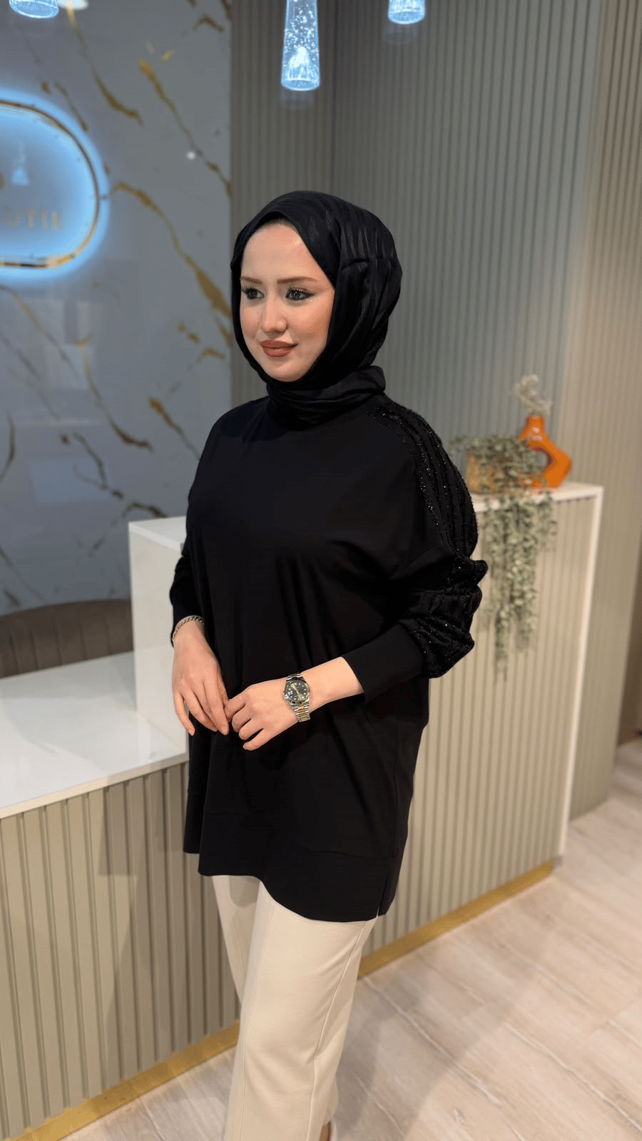 TIĞ TRİKO 4049 TEK KOL SİM ŞERİTLİ TUNIK - SİYAH