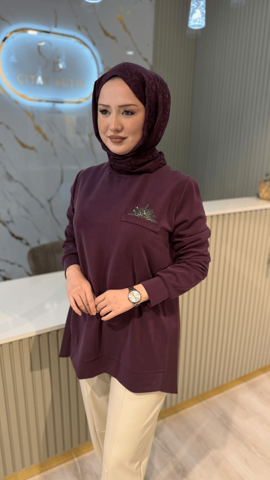 TIĞ TRİKO 4125 TAŞ AKSESUARLI TUNİK- MÜRDÜM