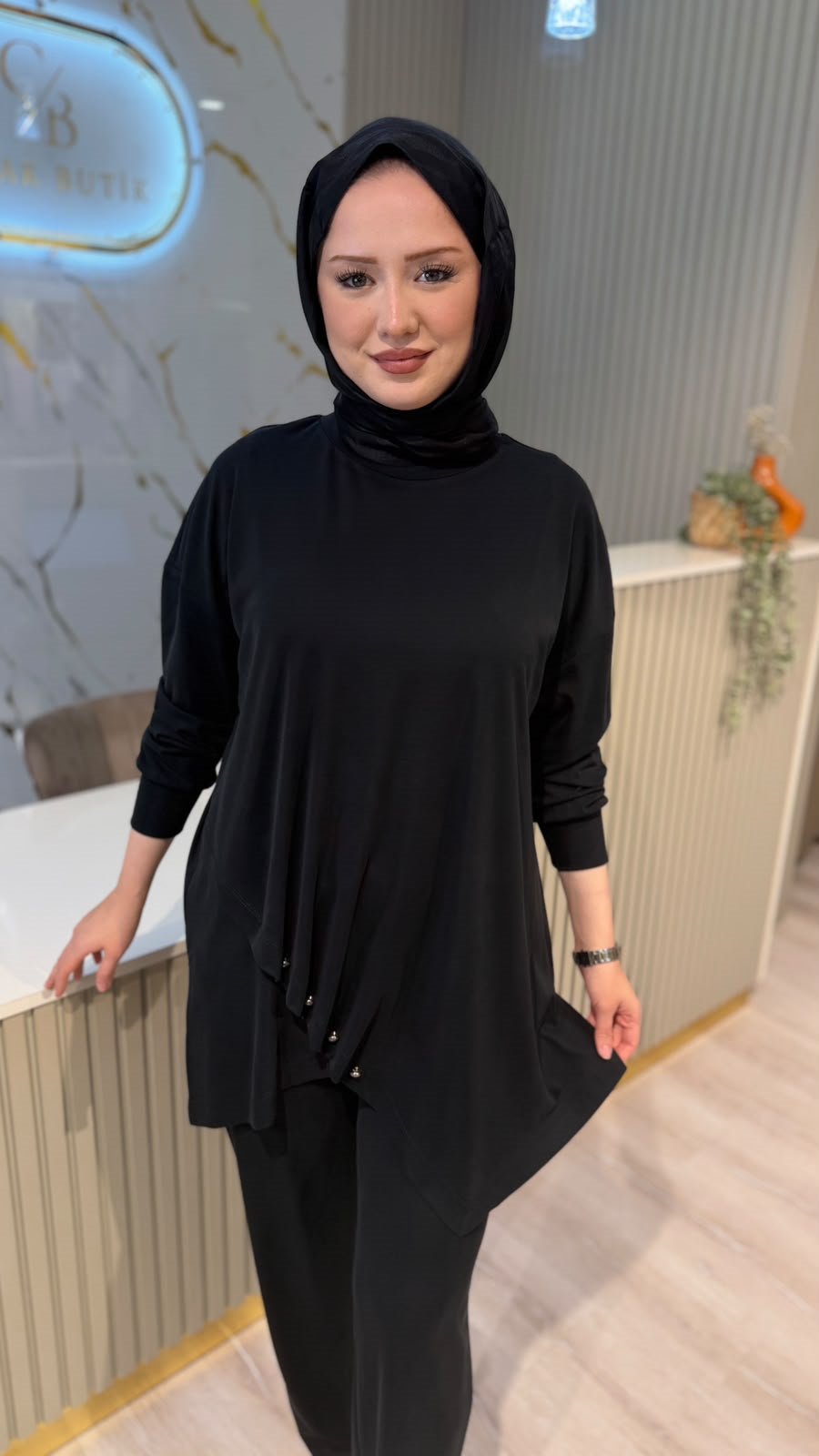 TIĞ TRİKO 5158 ASİMETRİK PANTOLONLU TAKIM- SİYAH