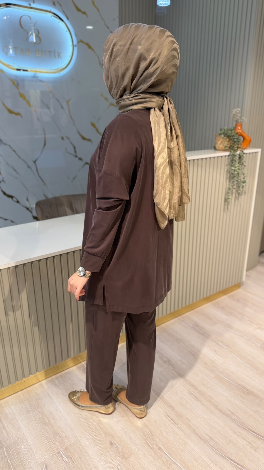 TIĞ TRİKO 5158 ASİMETRİK PANTOLONLU TAKIM- KAHVE
