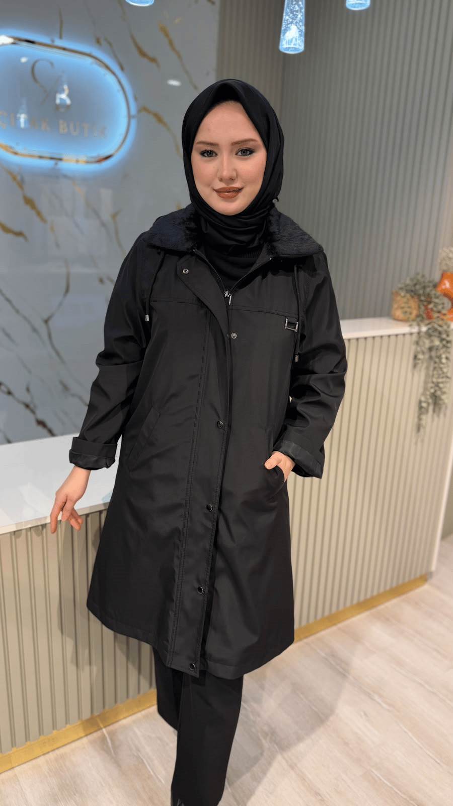 TRENÇ 5074  KAPŞON DETAYLI KABAN - SİYAH