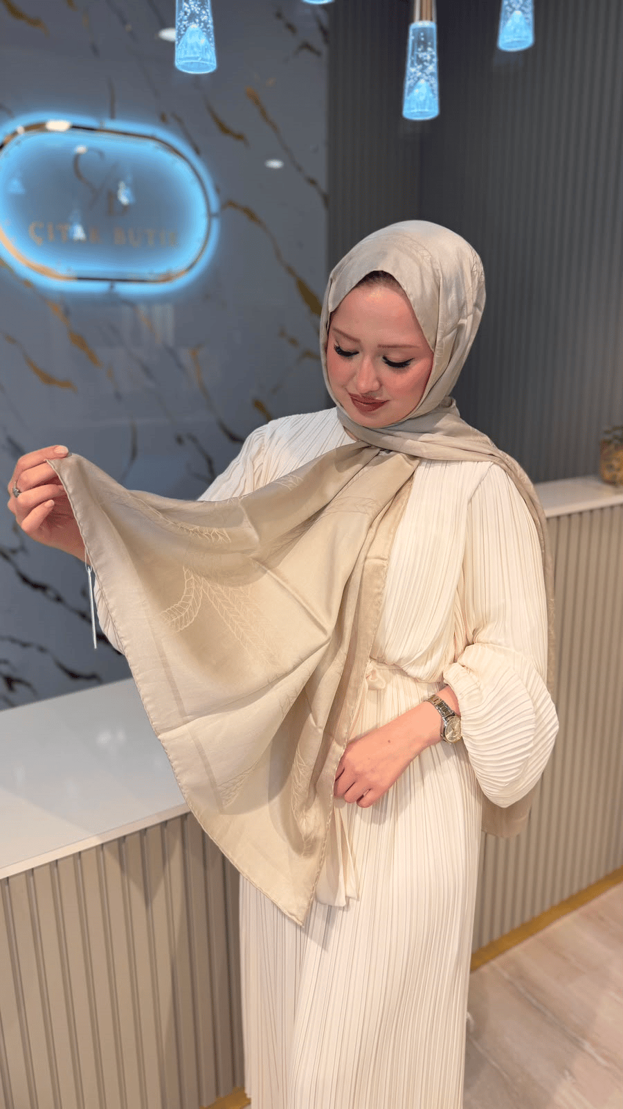 VİSMARA 7682 ZİNCİR DESENLİ PAMUK İPEK ŞAL- BEJ