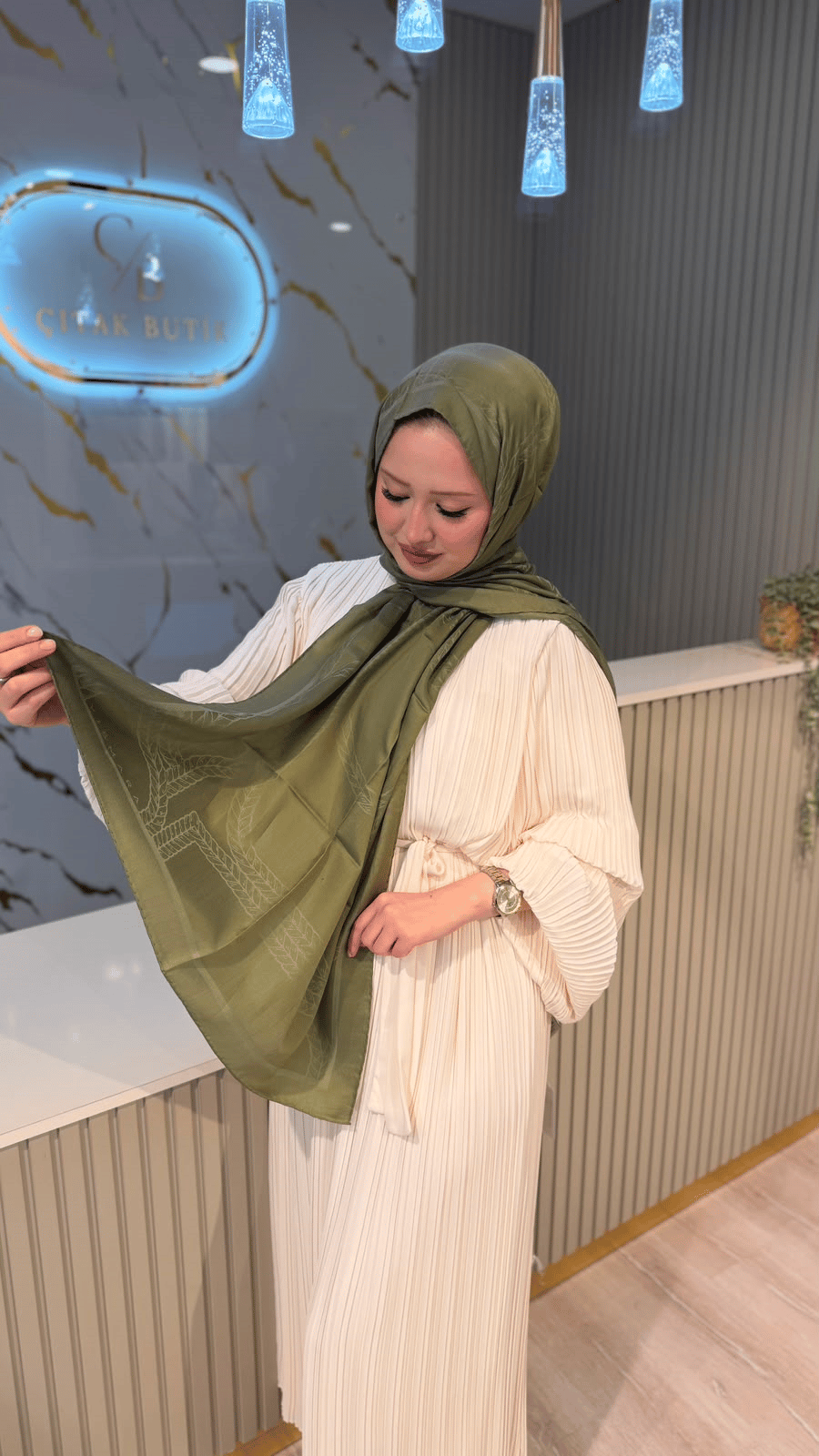 VİSMARA 7682 ZİNCİR DESENLİ PAMUK İPEK ŞAL- HAKİ