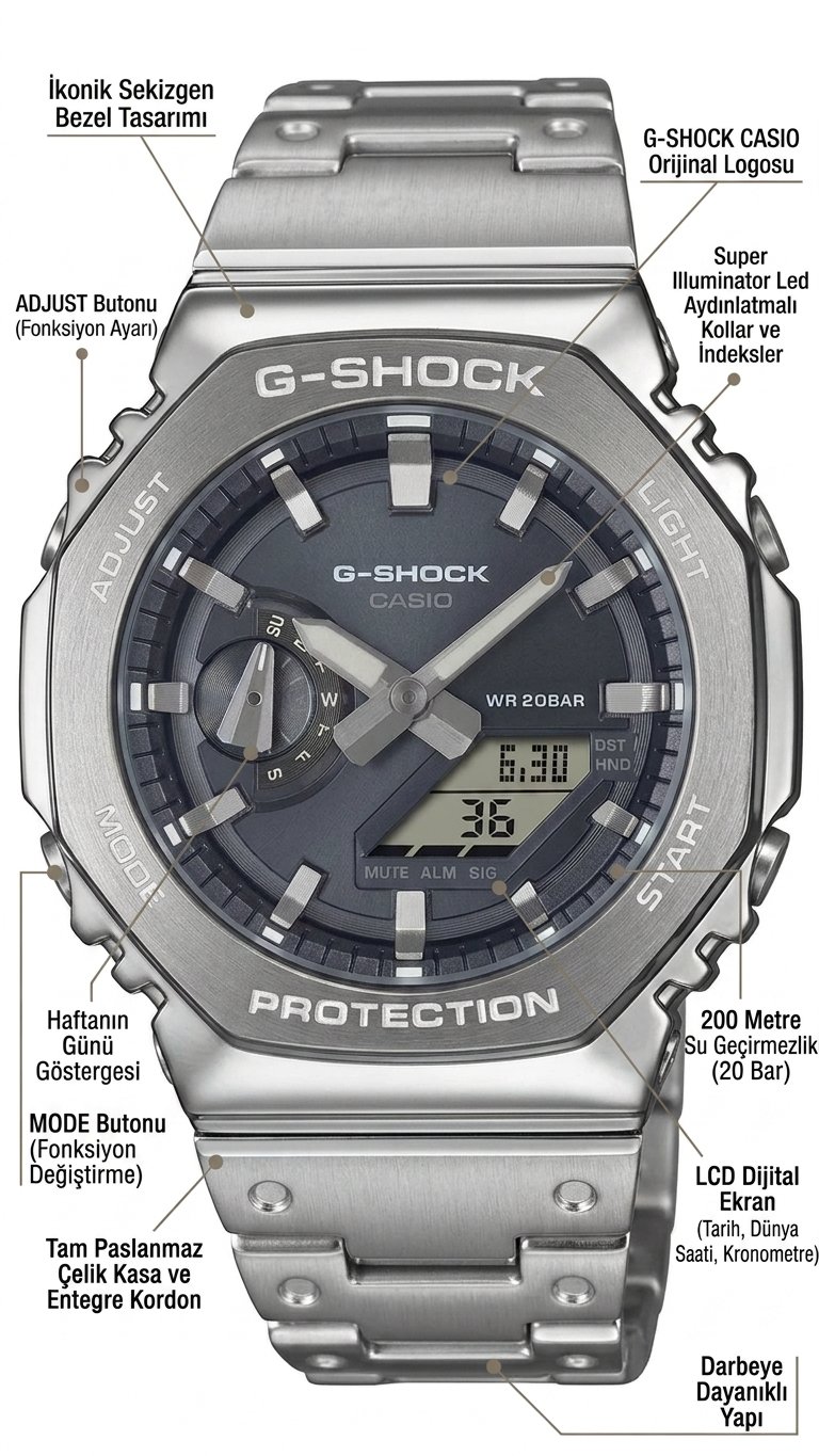 Casio G‑SHOCK GM‑2110D‑8ADR Metal Kordon Erkek Kol Saati