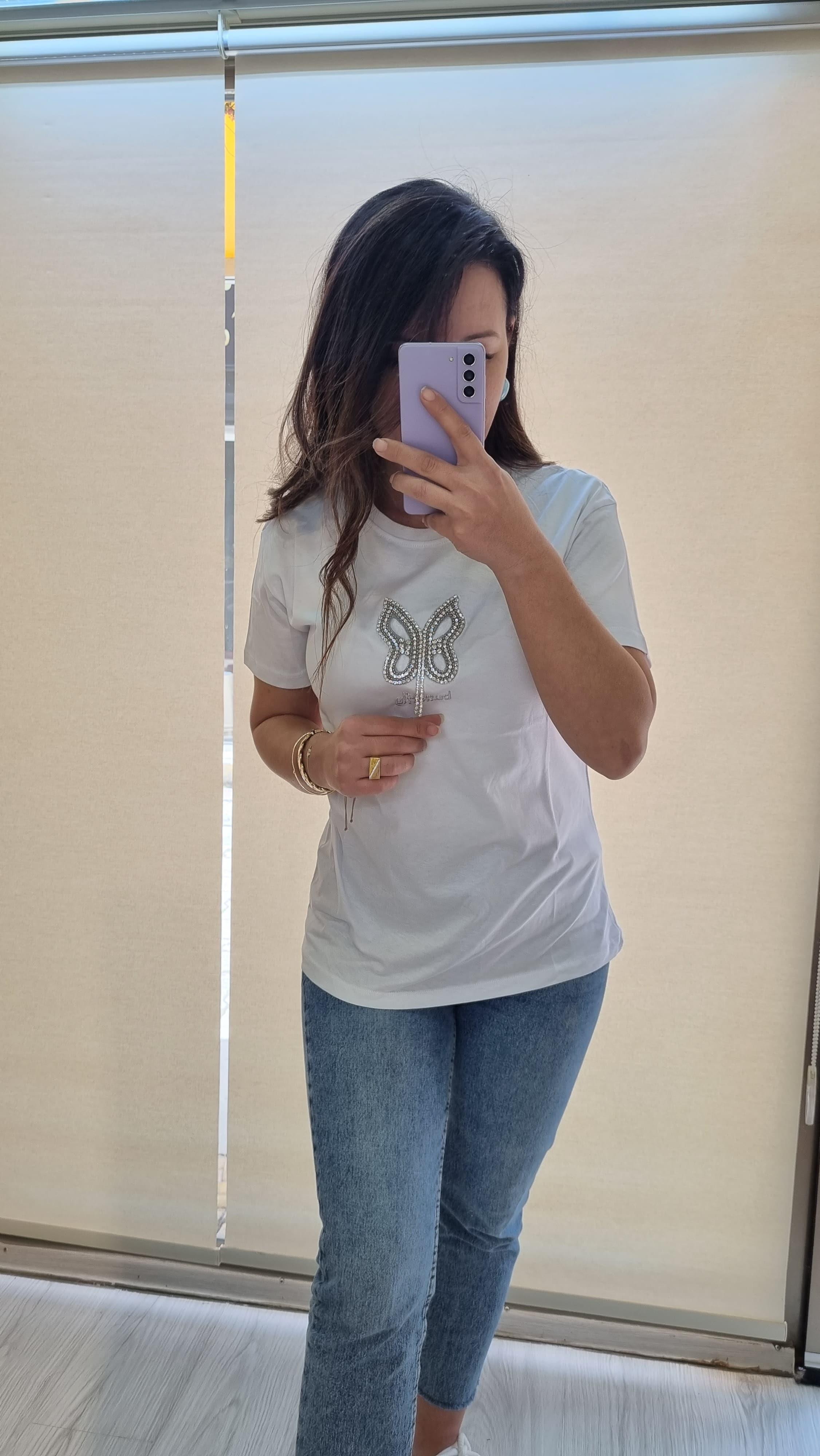 Butterfly Taş Detay Beyaz Tshirt