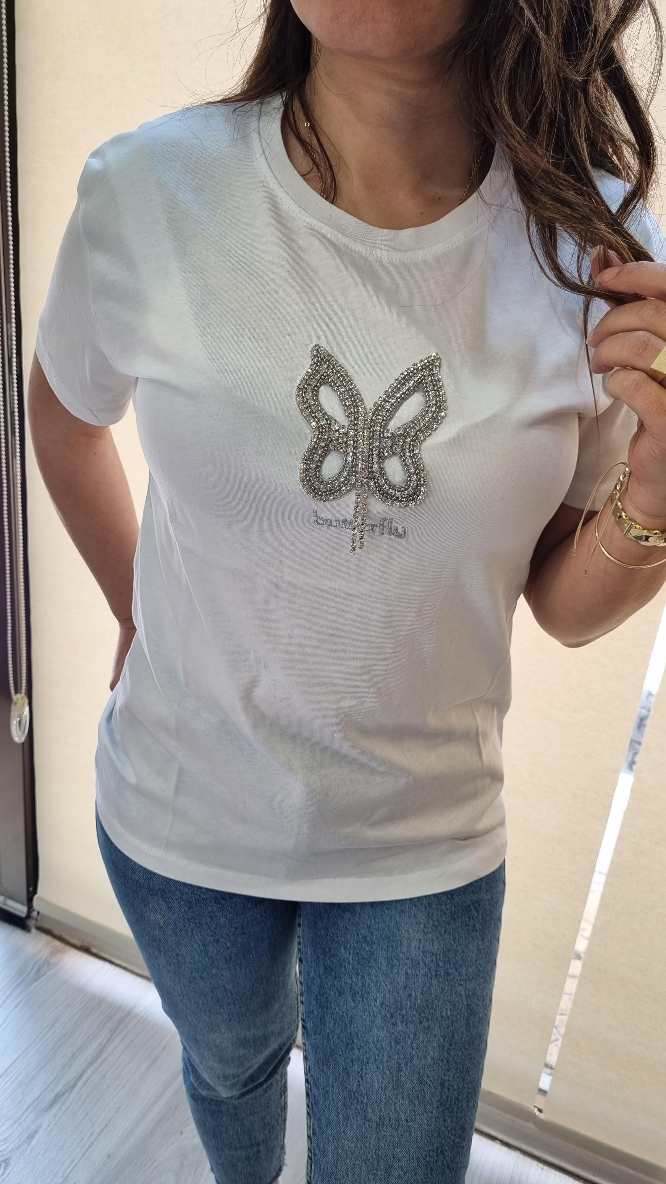 Butterfly Taş Detay Beyaz Tshirt