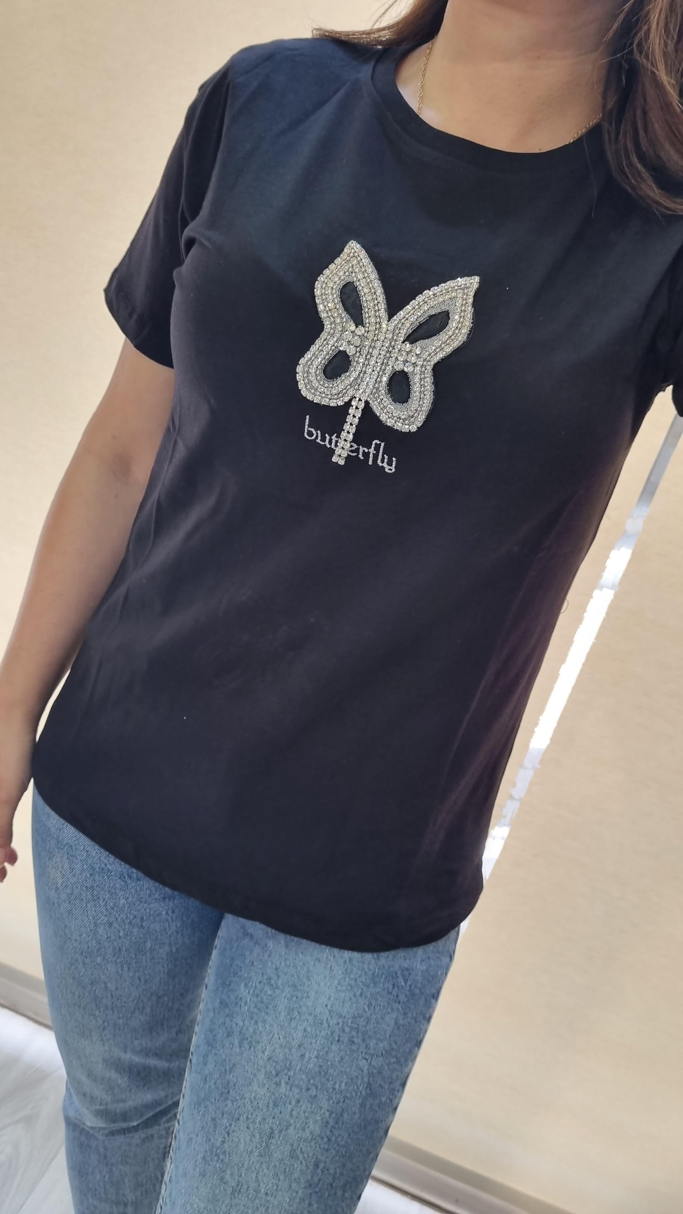 Butterfly Taş Detay Siyah Tshirt