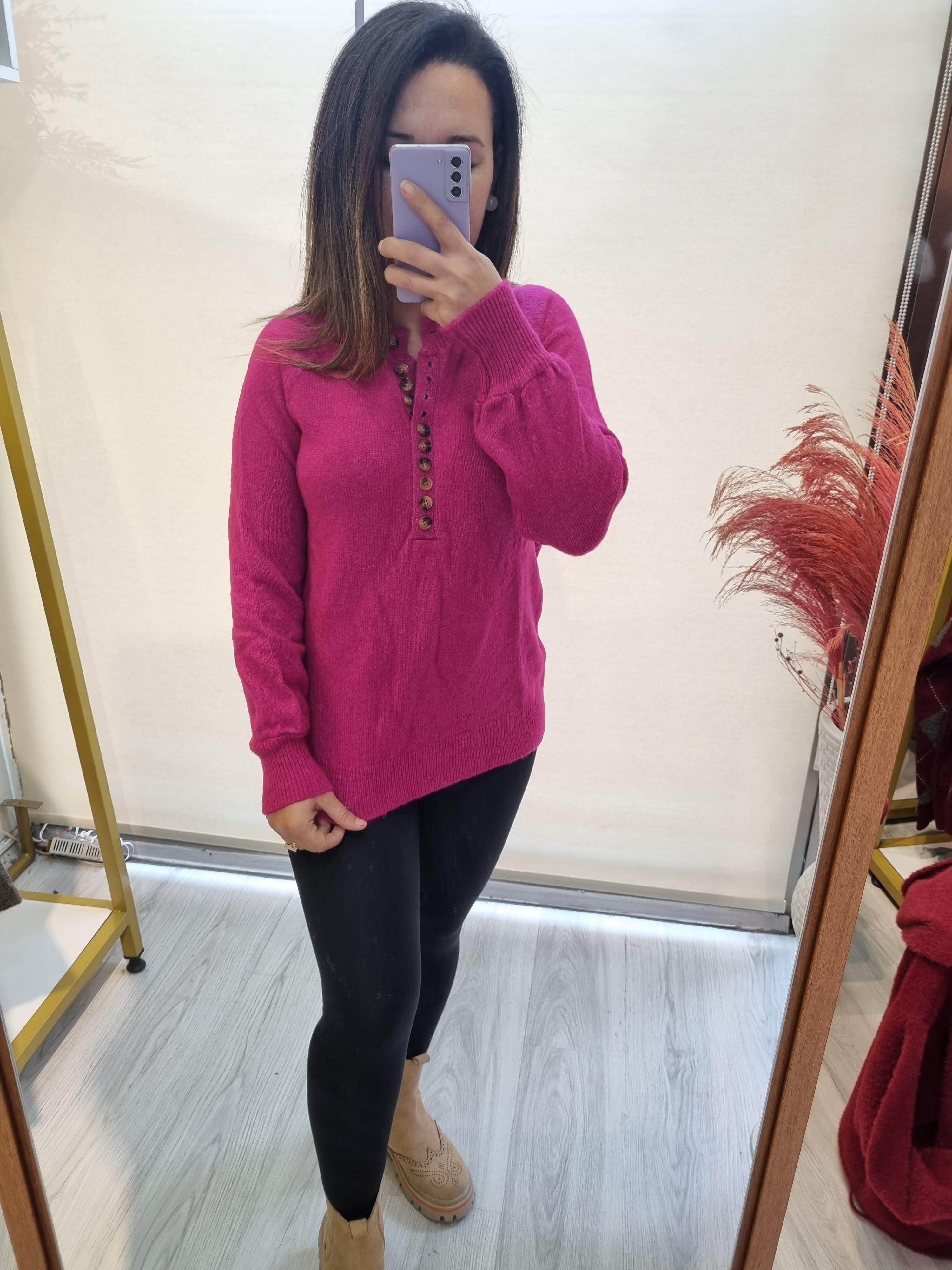 Düğme Detaylı Pembe Triko Kazak