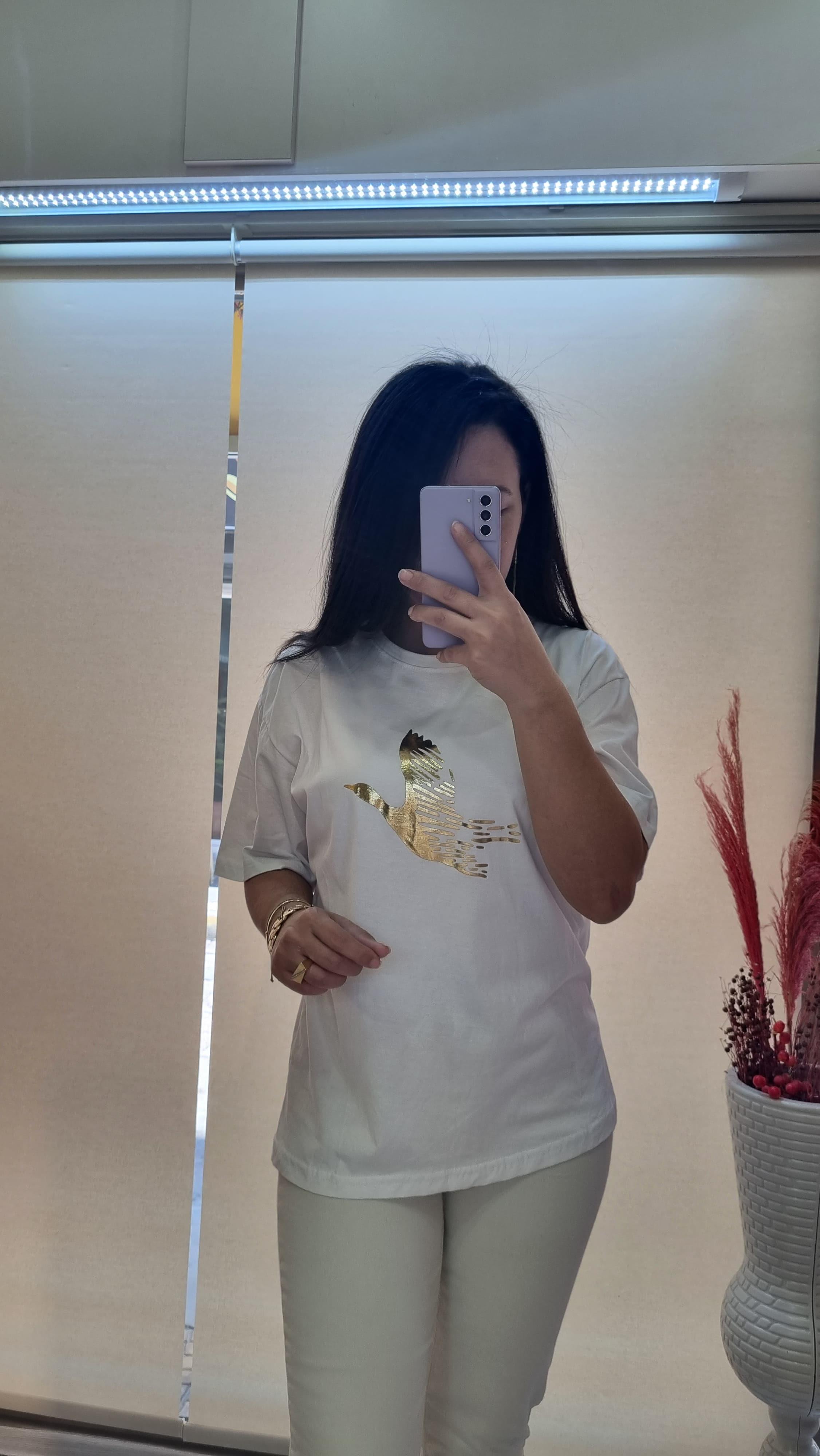 Gold Desenli Basic Beyaz T-shirt