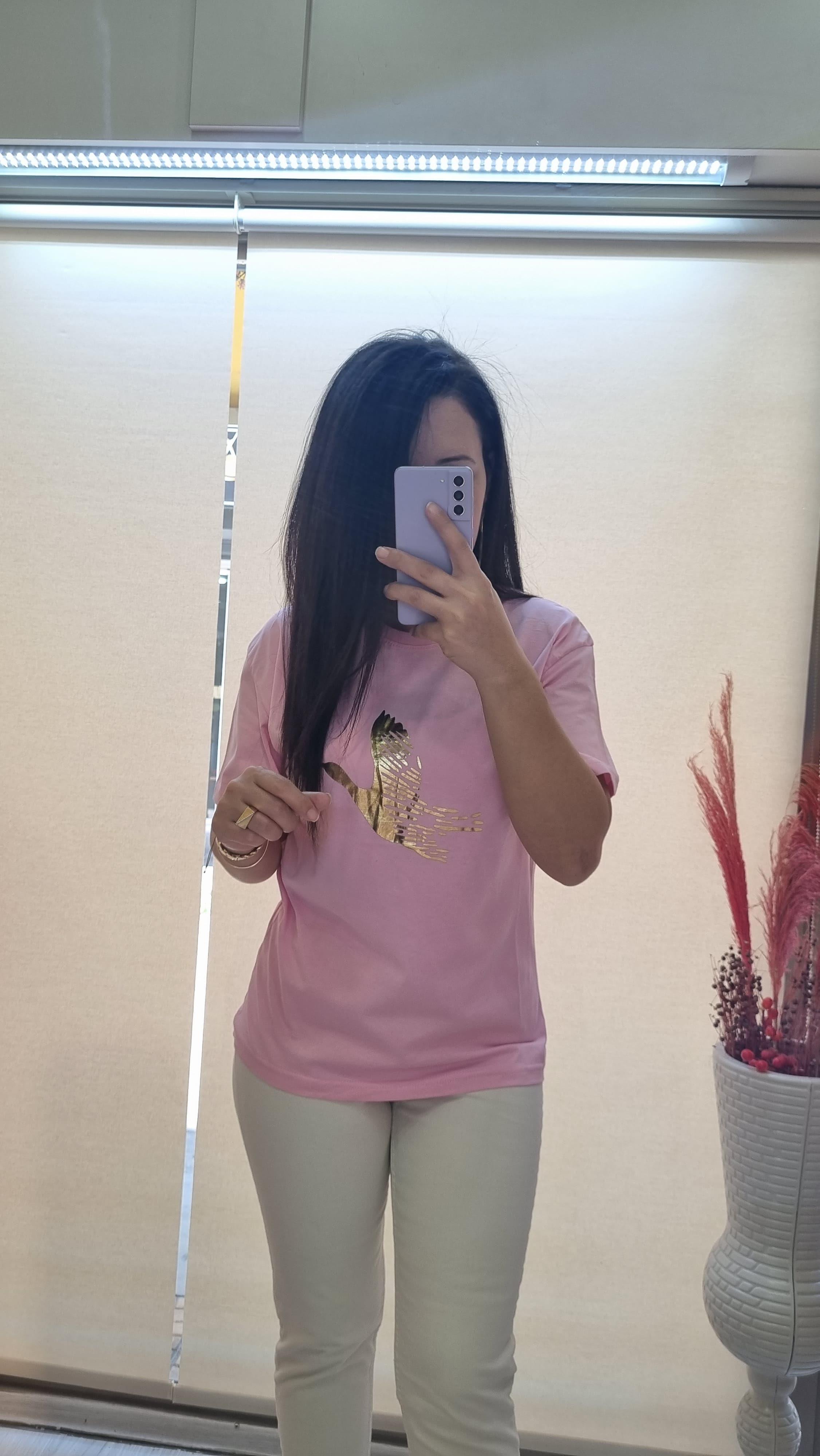 Gold Desenli Basic Pembe T-shirt