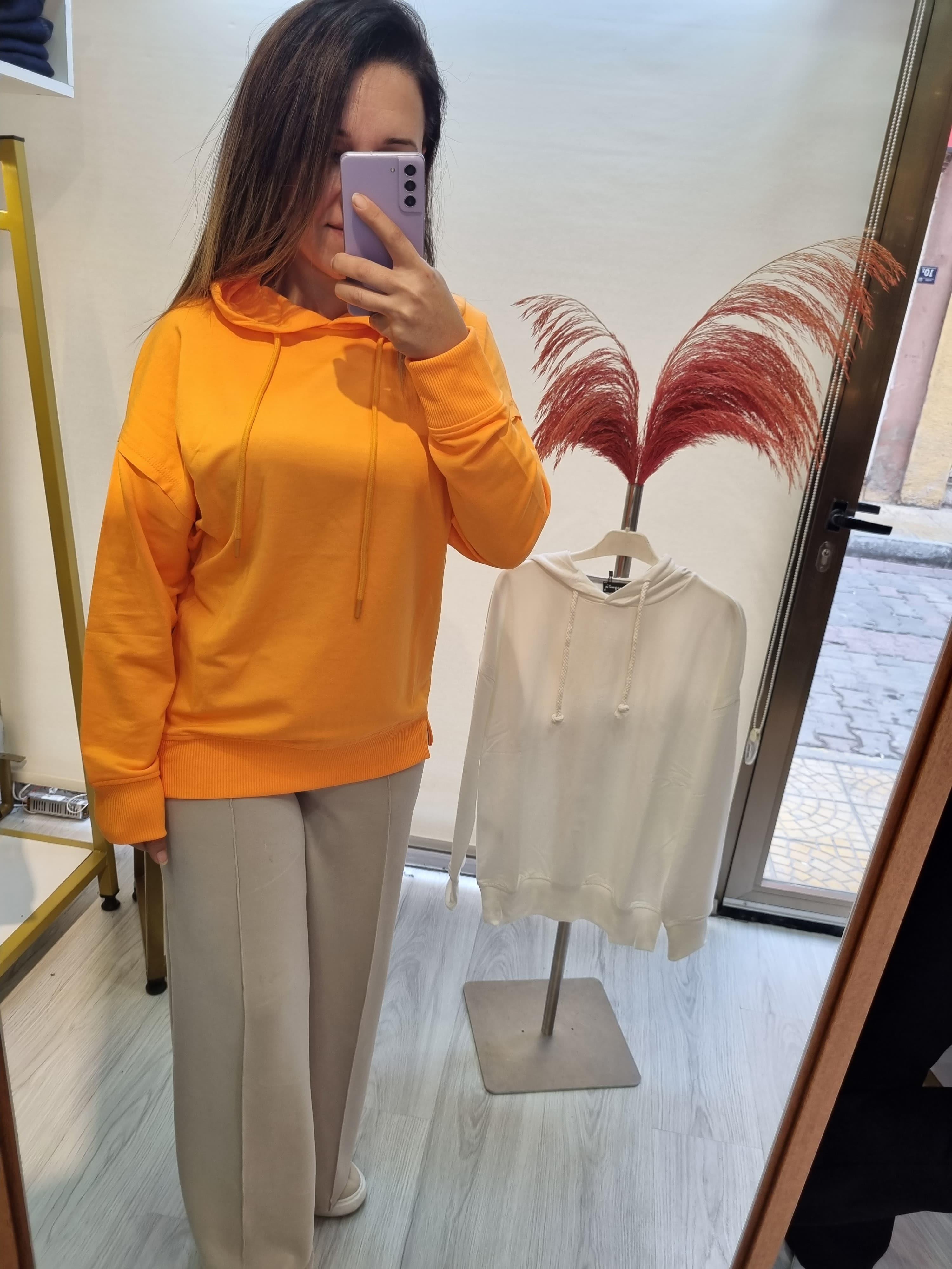 Kapşonlu Şardonsuz 2 İplik  Turuncu Sweat
