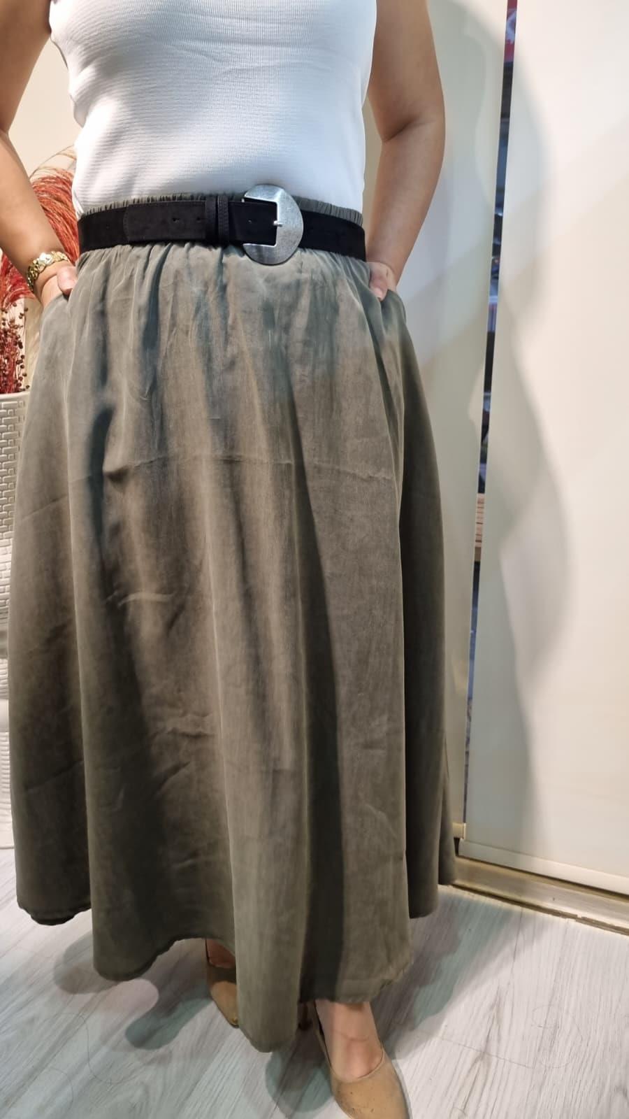 Massi Tensel Kumaş Haki Maxi Etek