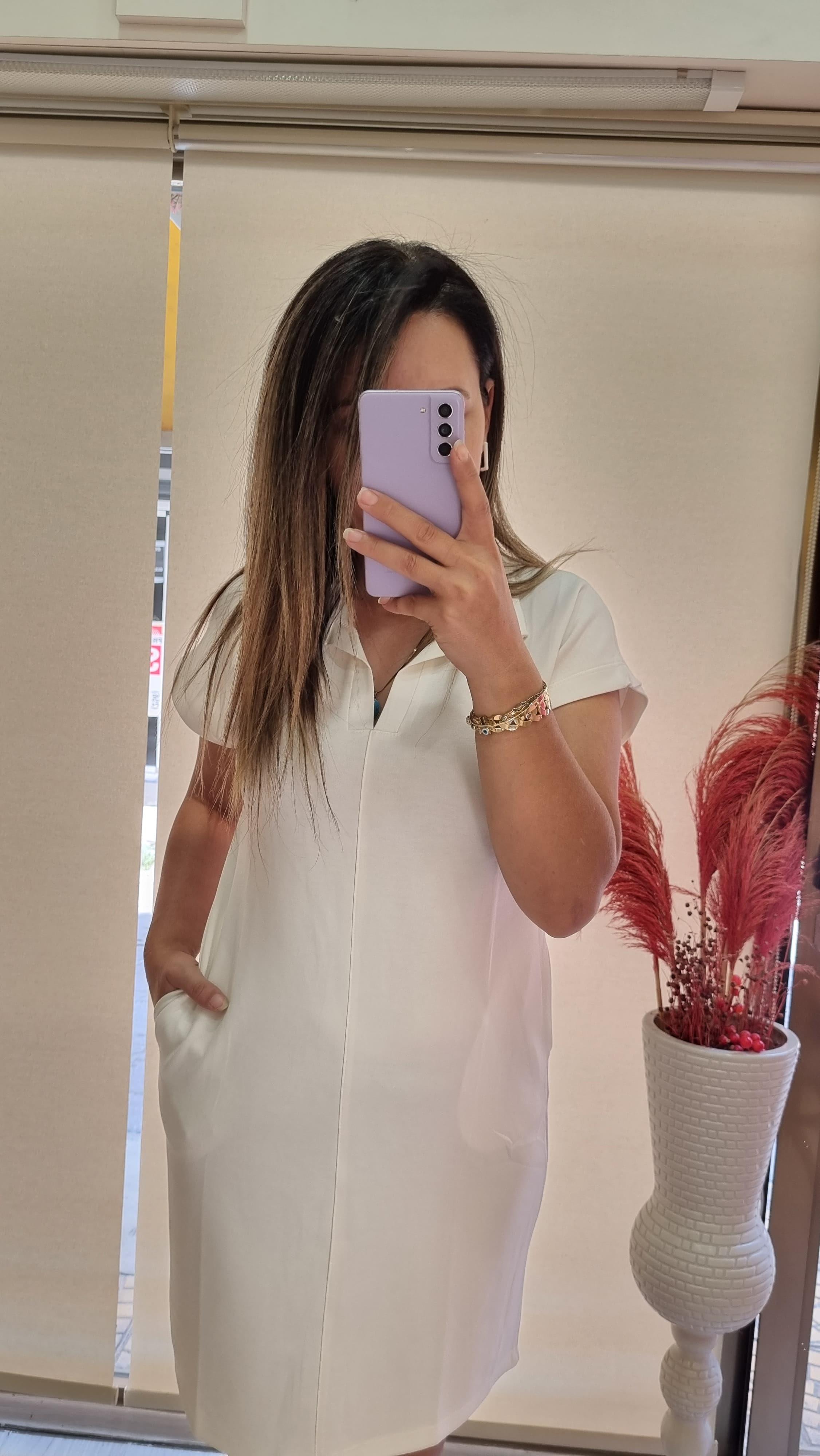 Polo Yaka Cep Detay Beyaz Modal Elbise