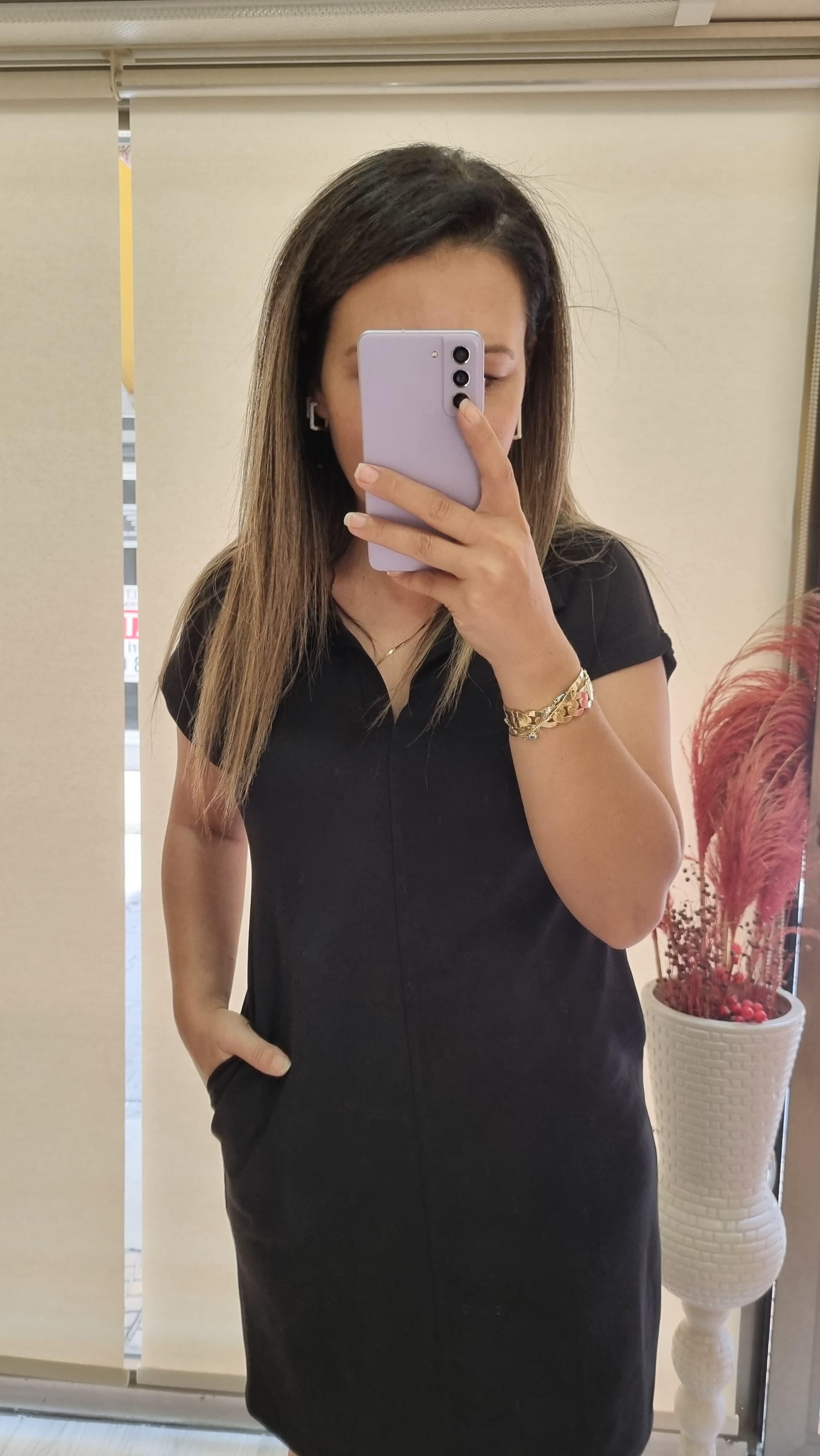Polo Yaka Cep Detay Siyah Elbise