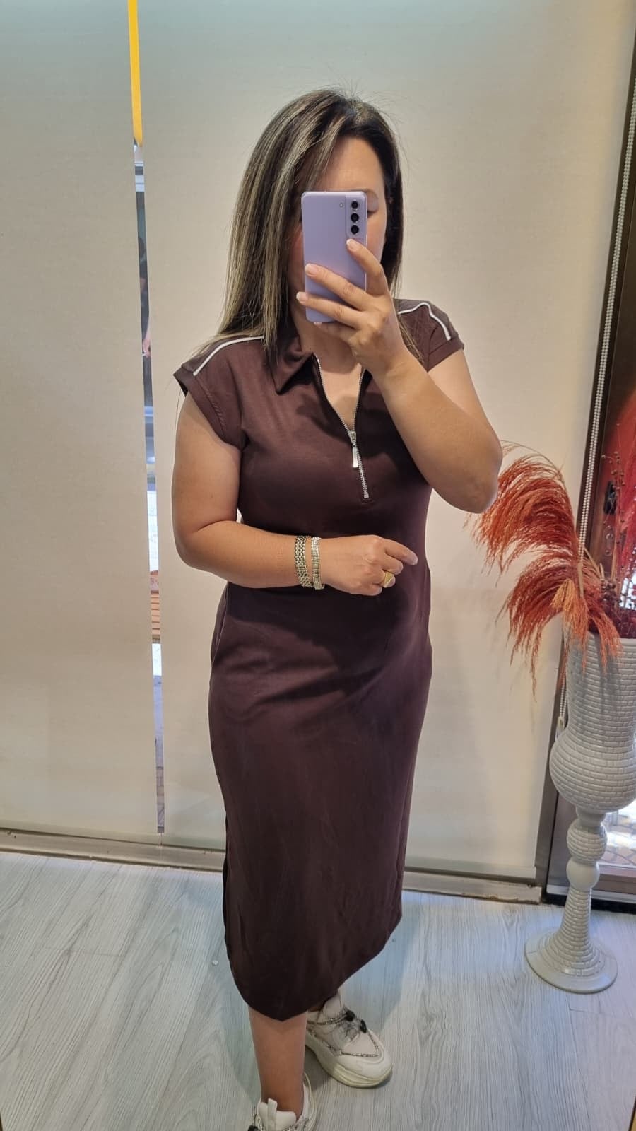 Polo Yaka Fermuar Detaylı Kahve Modal Elbise