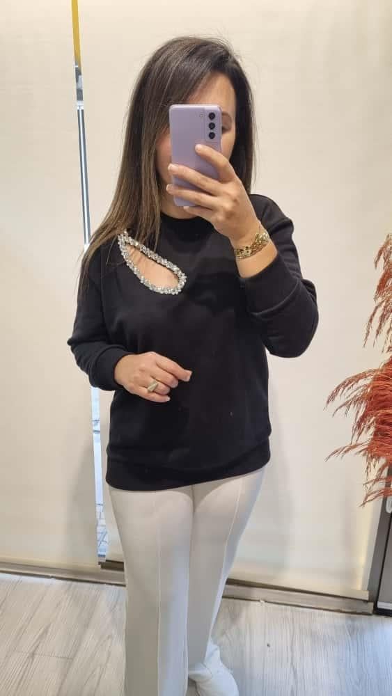 Taş İşleme Detay Siyah Sweatshirt 