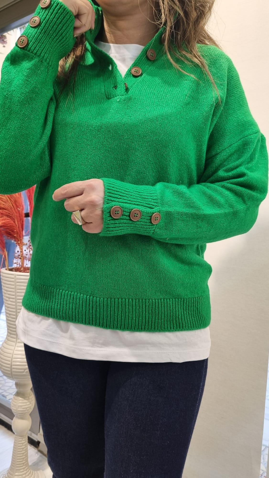 Yaka Düğme Detay Yeşil Triko Kazak