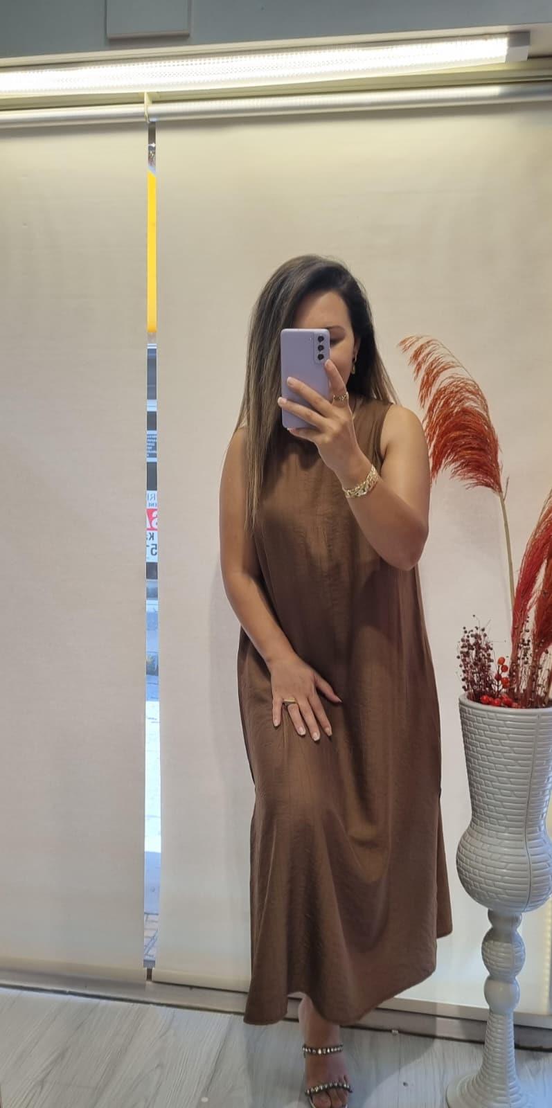 Yırtmaç Detay Acı Kahve Keten Elbise
