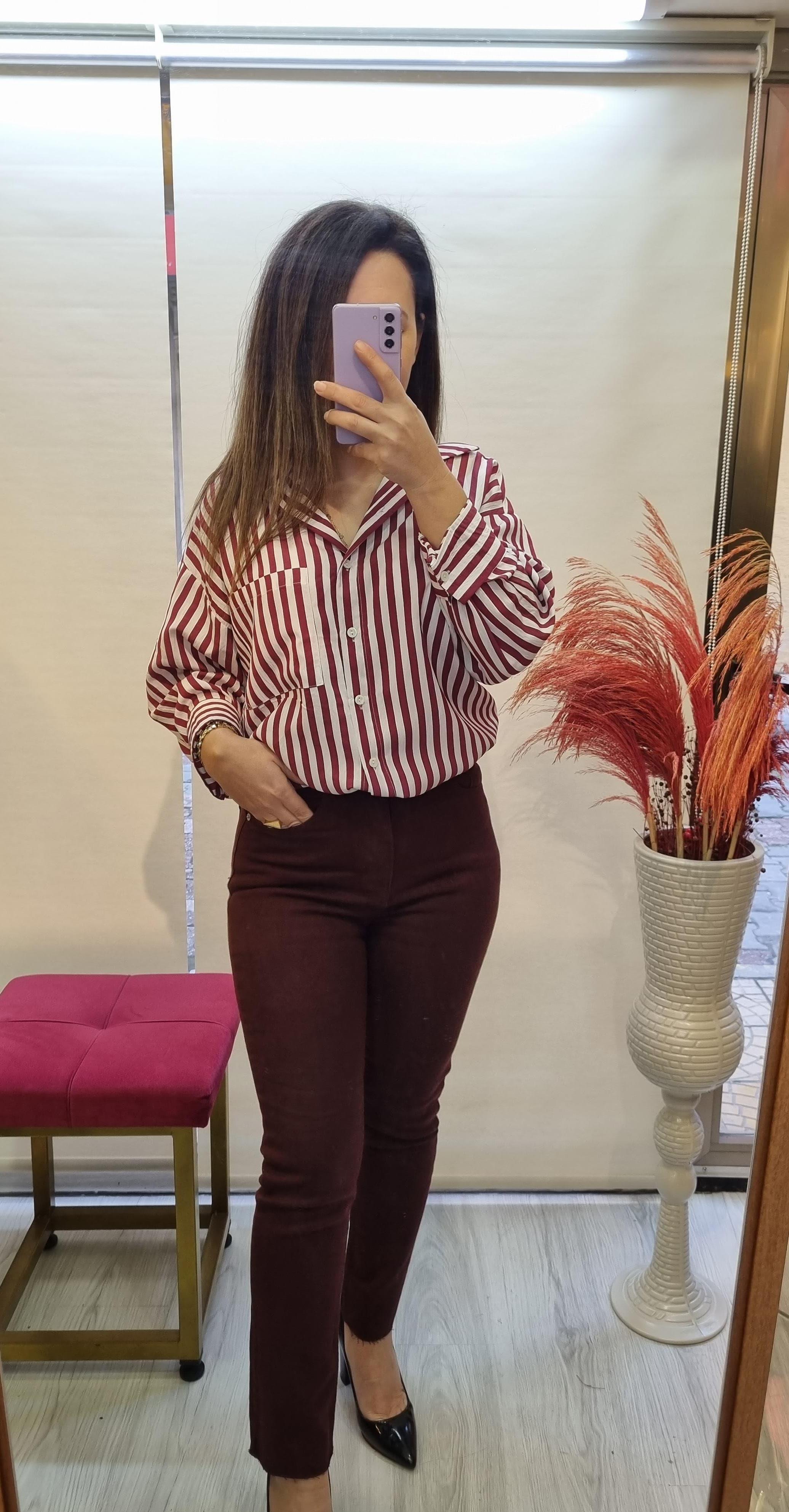 ZR Bordo Çizgili Pamuklu Gömlek