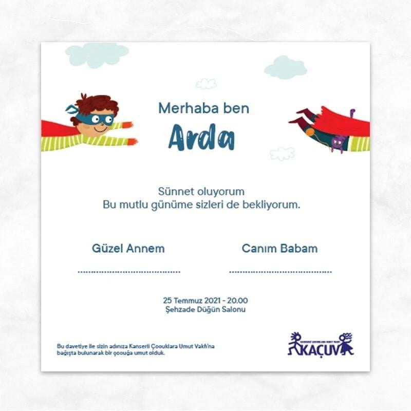 Sünnet Davetiyesi - Kahraman Arda  (Zarf Hediyeli)