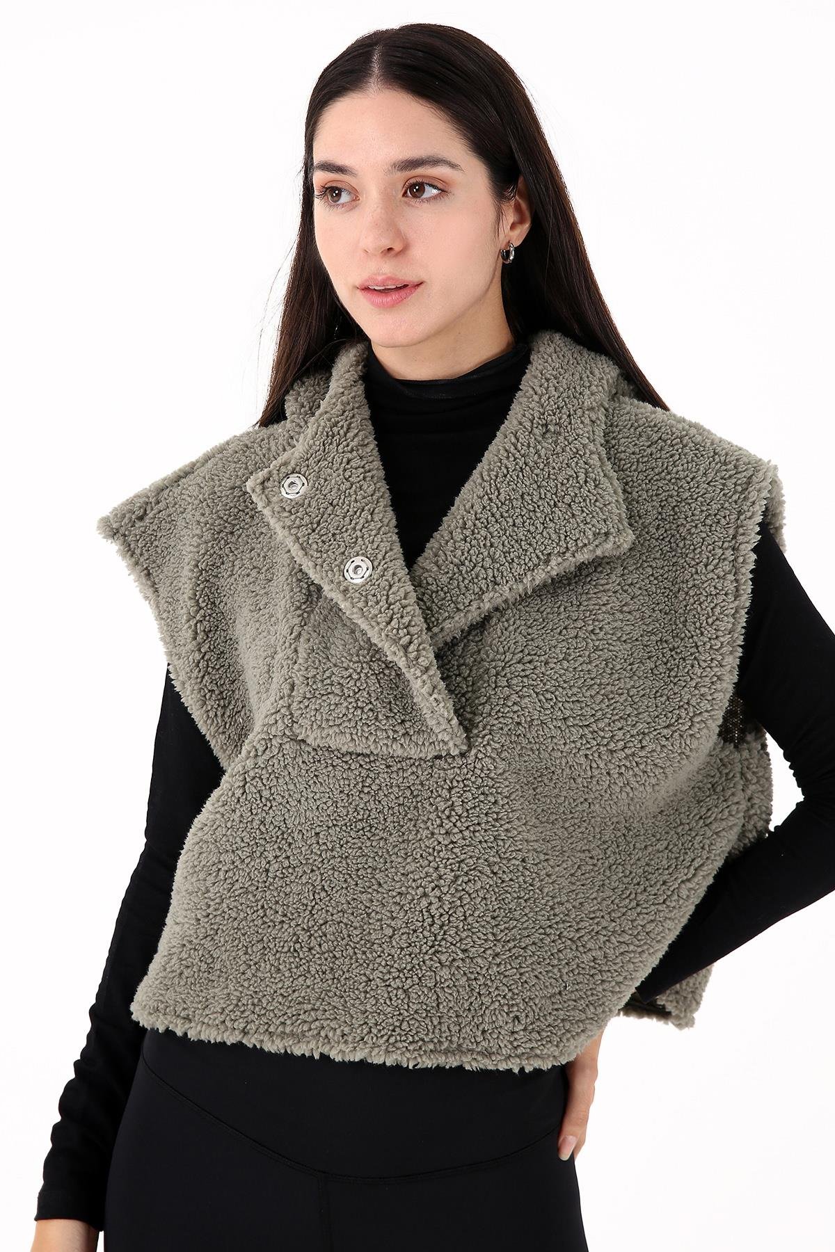 Scorp Chic Casual Kadın Peluş Yelek Yeşil