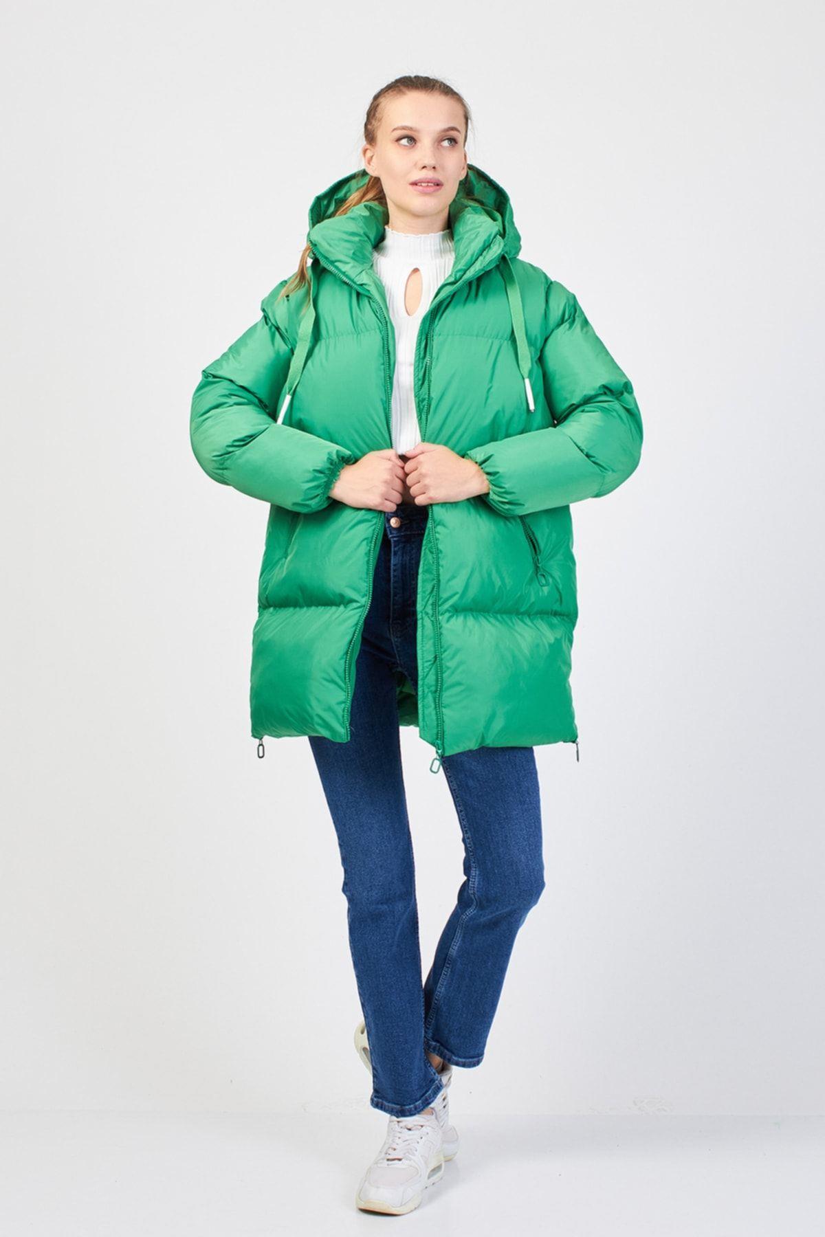 Yeşil Kapüşonlu Lüx Kalite Puffy Mont