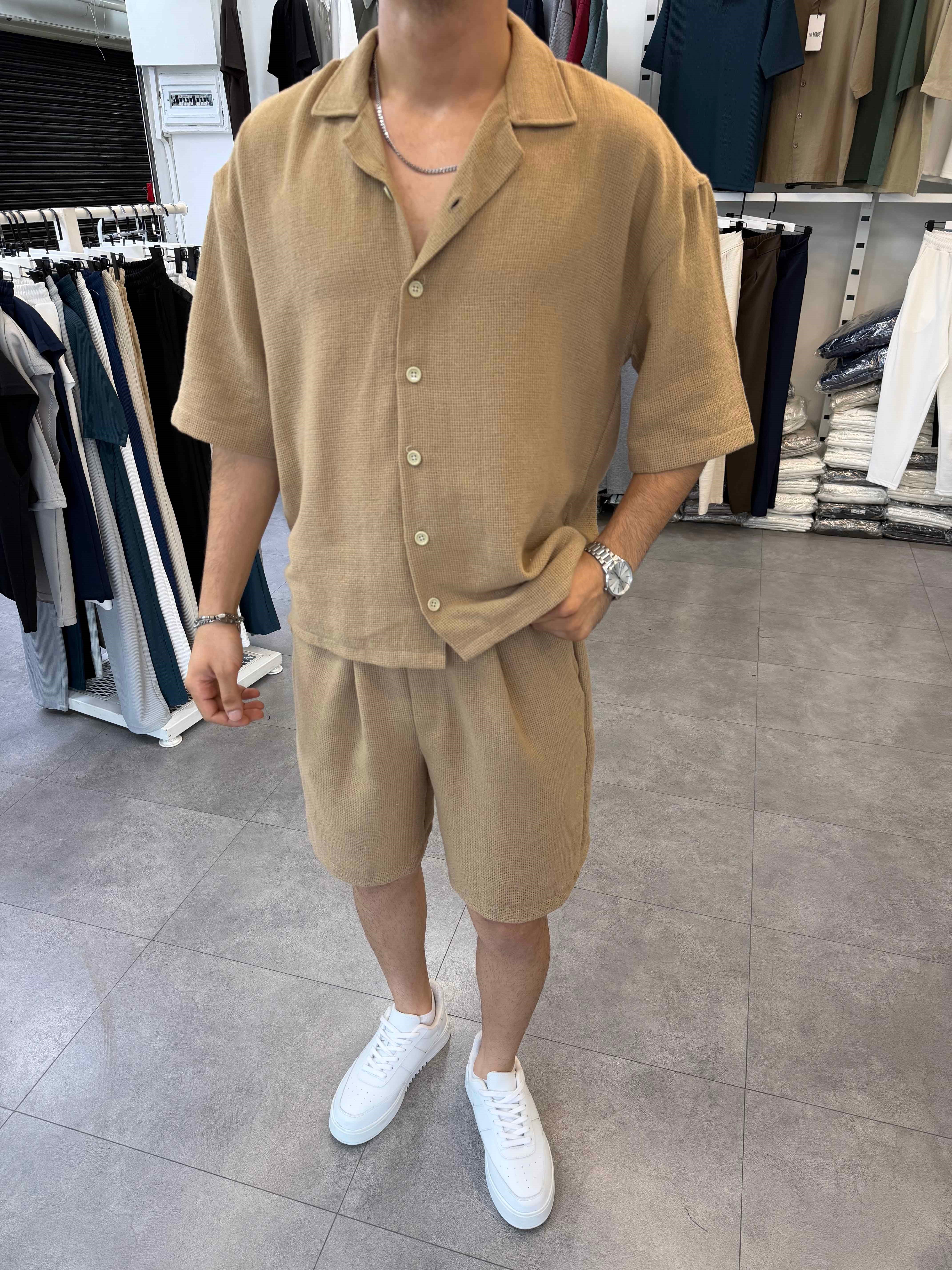 %100 Pamuk Keten Oversize Gömlek Camel