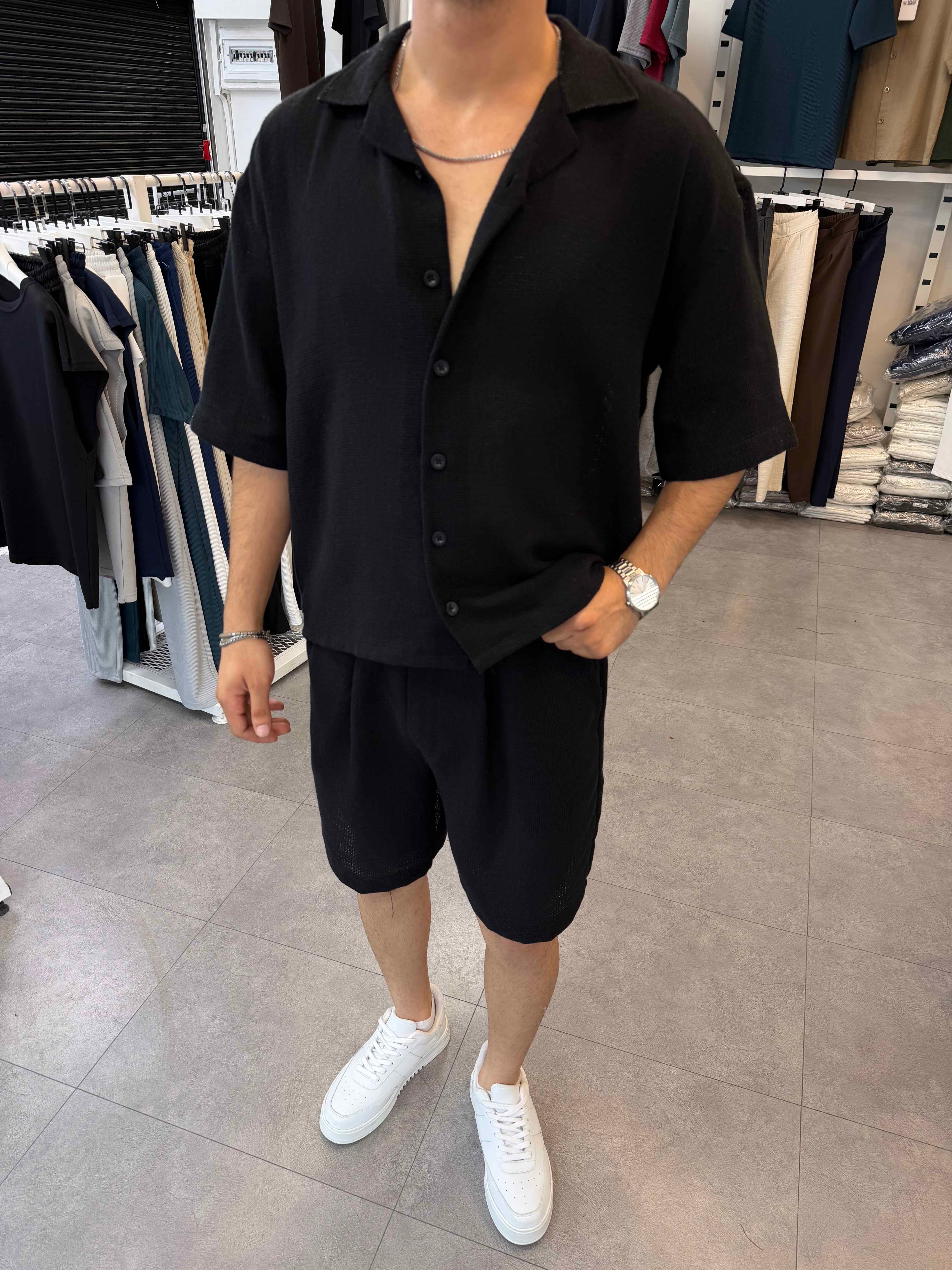 %100 Pamuk Keten Oversize Gömlek Siyah