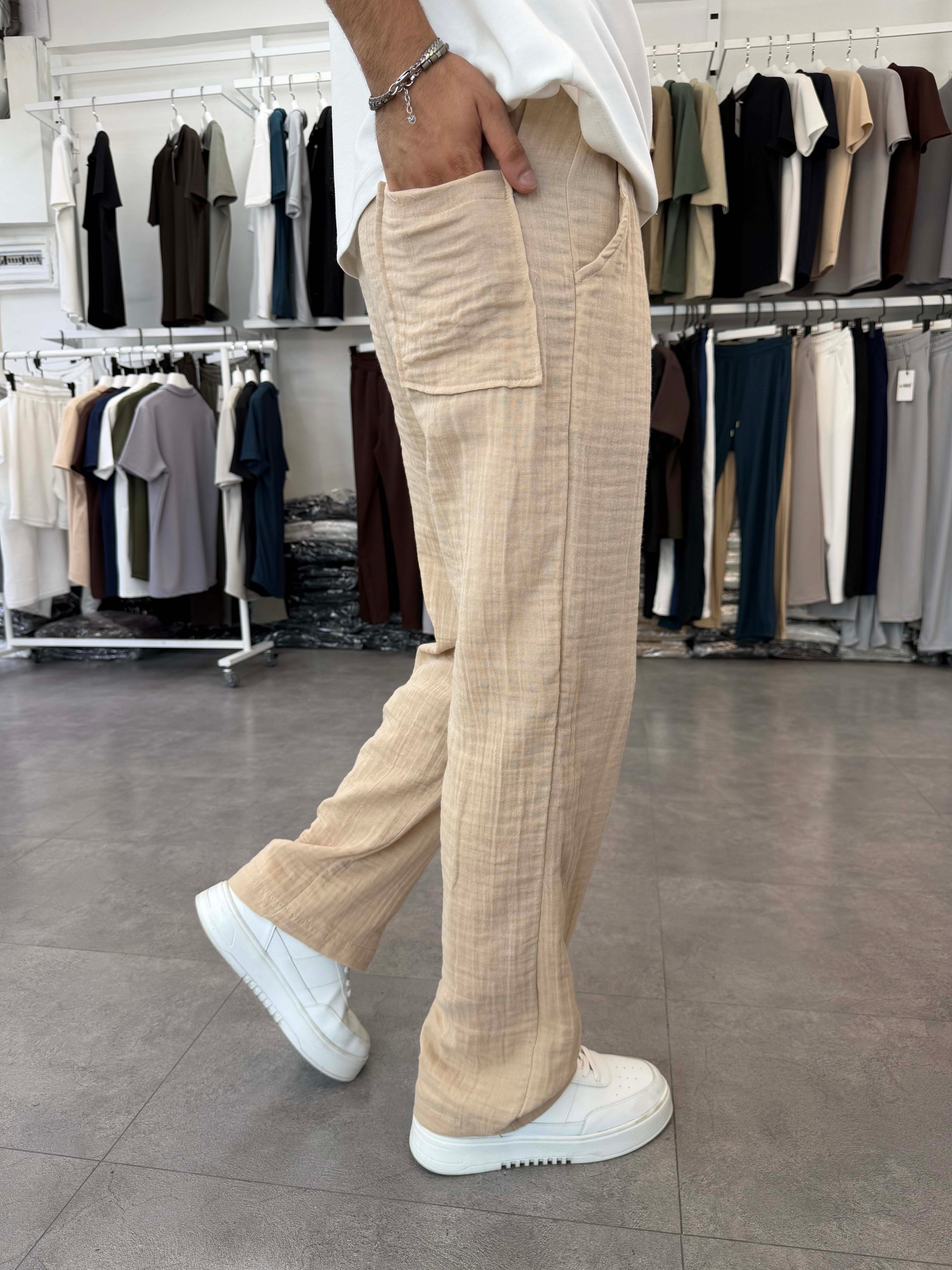 %100 Pamuk Müslin Baggy Pantolon Bej