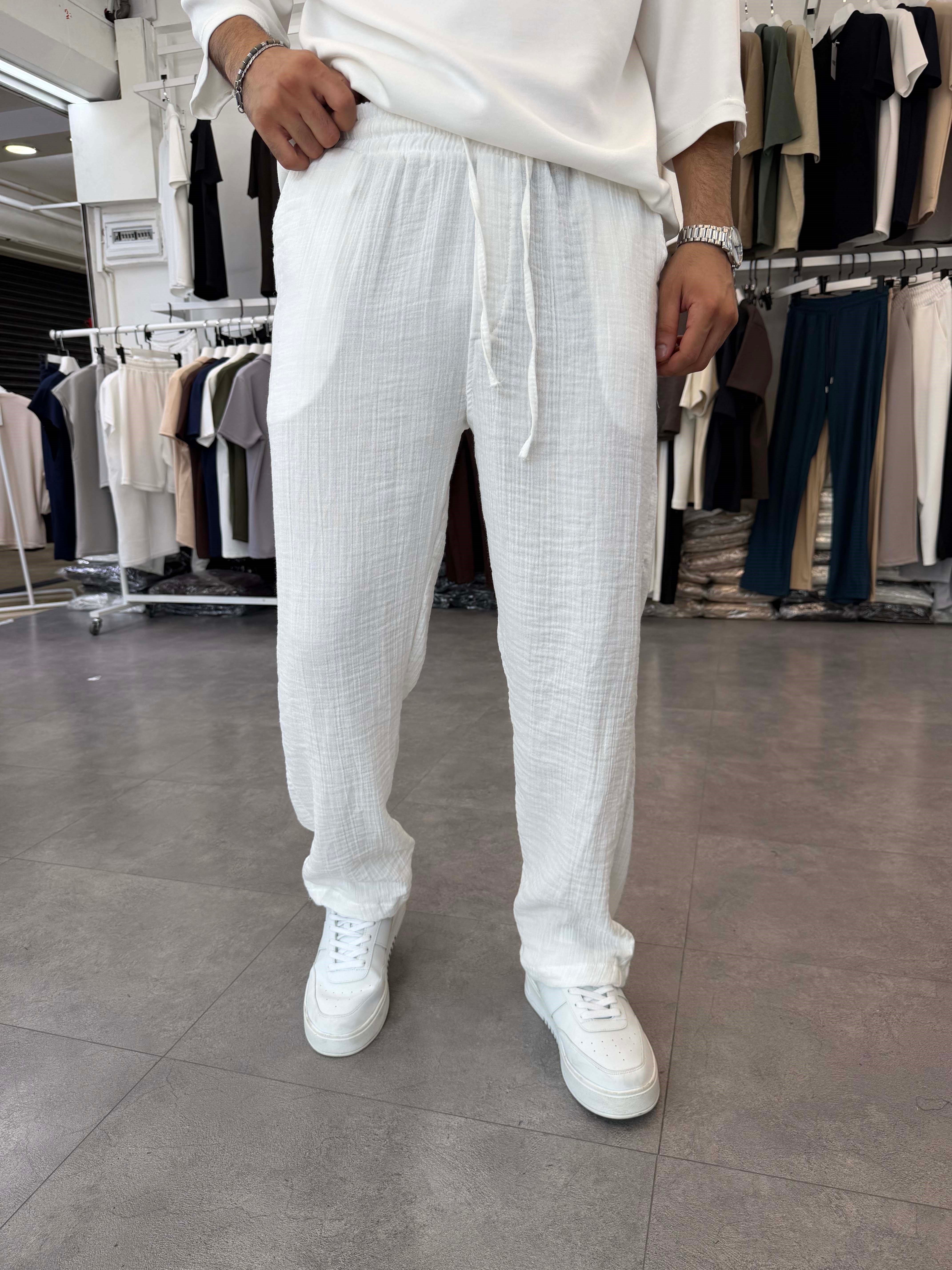 %100 Pamuk Müslin Baggy Pantolon Beyaz