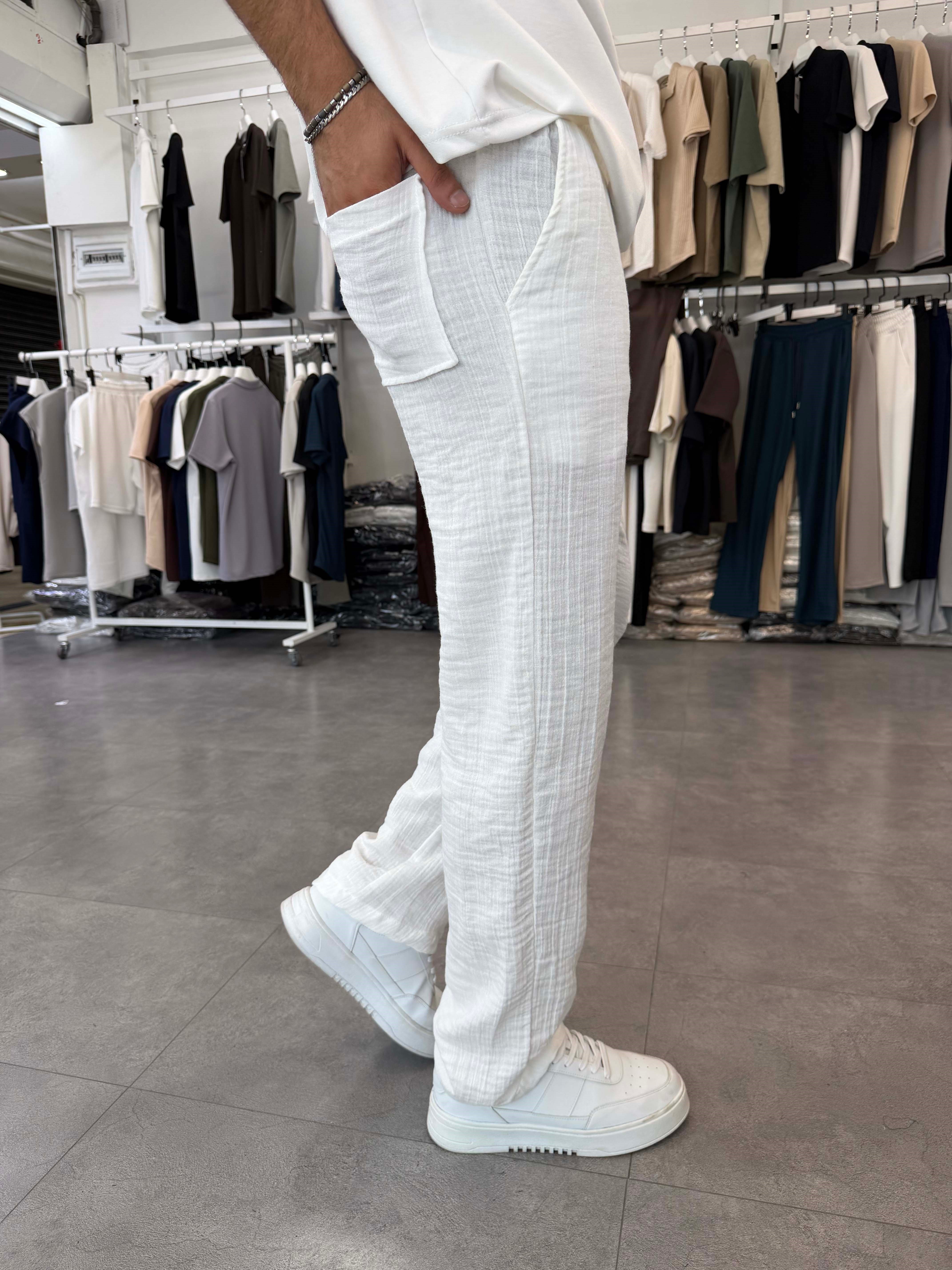 %100 Pamuk Müslin Baggy Pantolon Beyaz
