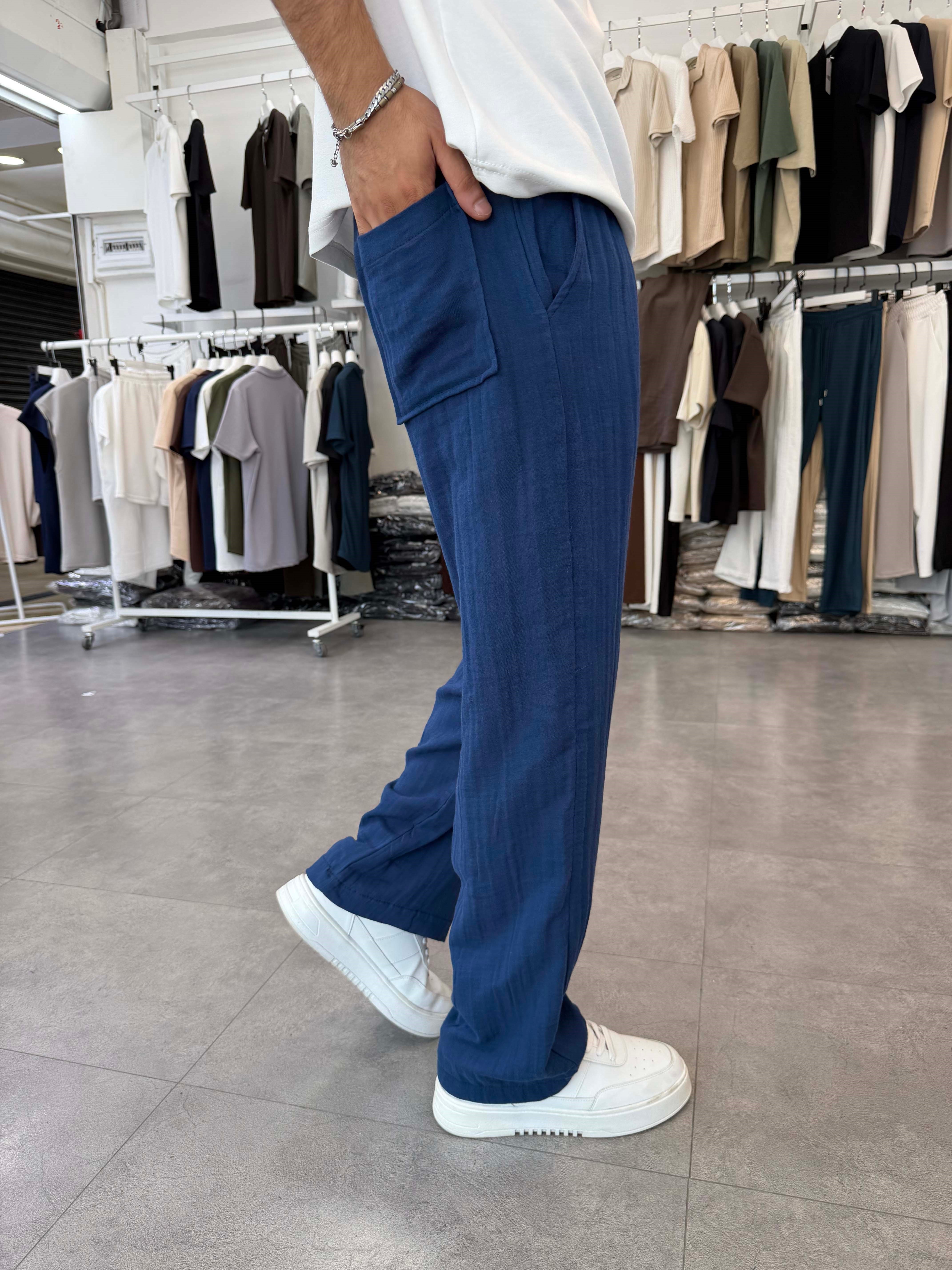 %100 Pamuk Müslin Baggy Pantolon İndigo