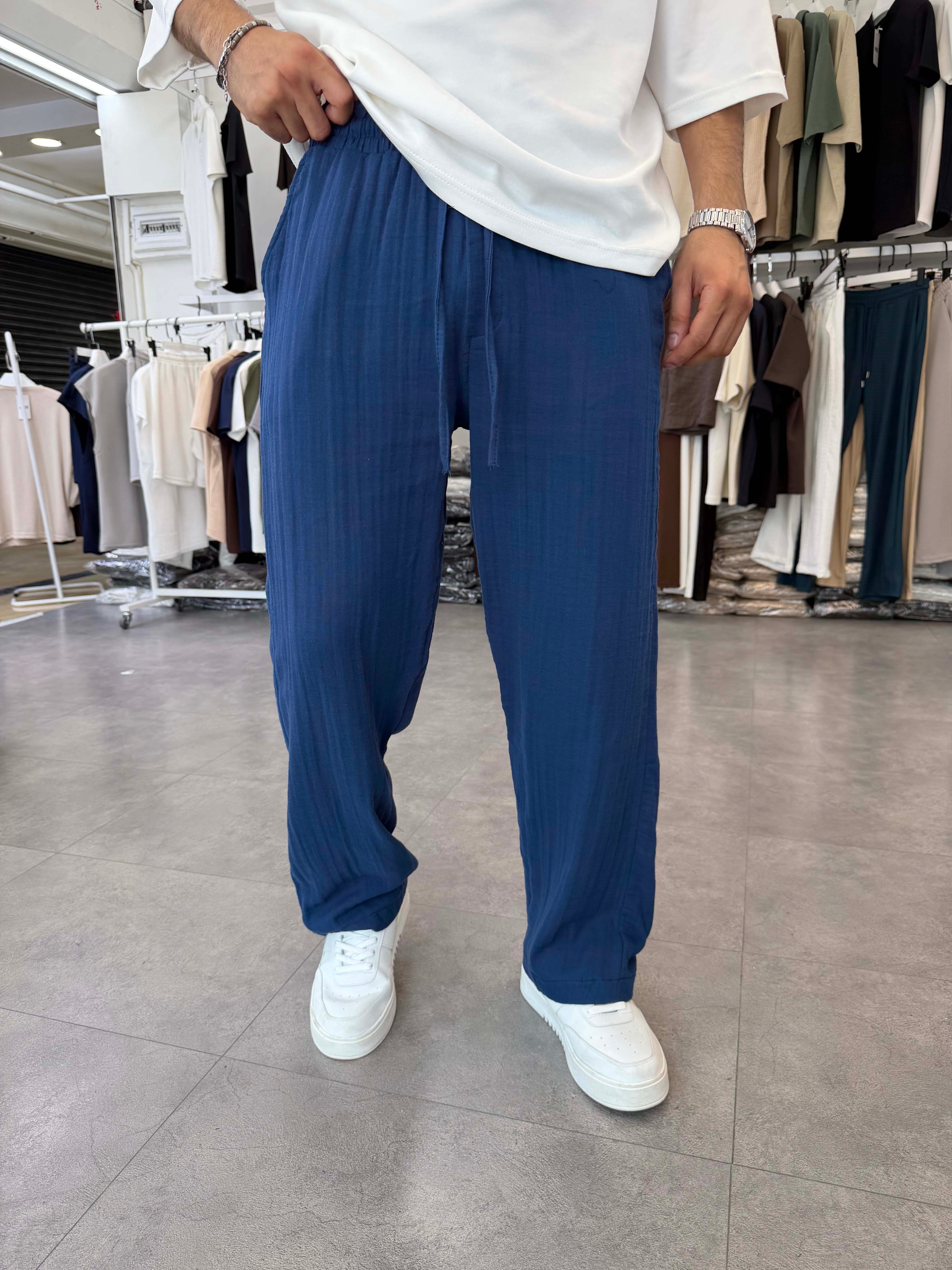 %100 Pamuk Müslin Baggy Pantolon İndigo