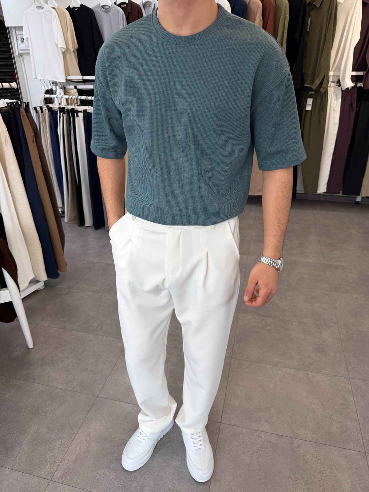 %100 Pamuk Oversize Waffle Basic Tişört Petrol Yeşili