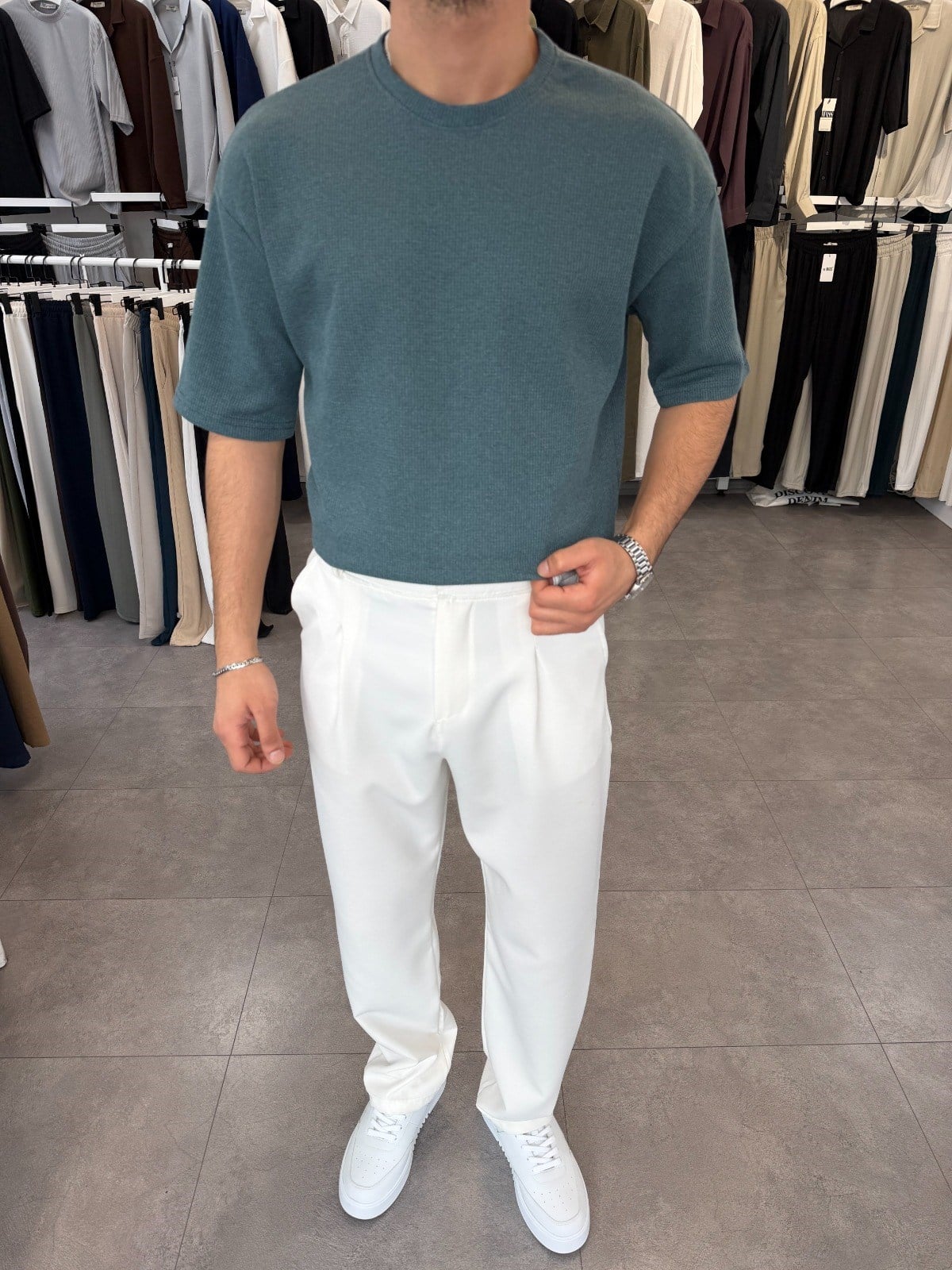 %100 Pamuk Oversize Waffle Basic Tişört Petrol Yeşili